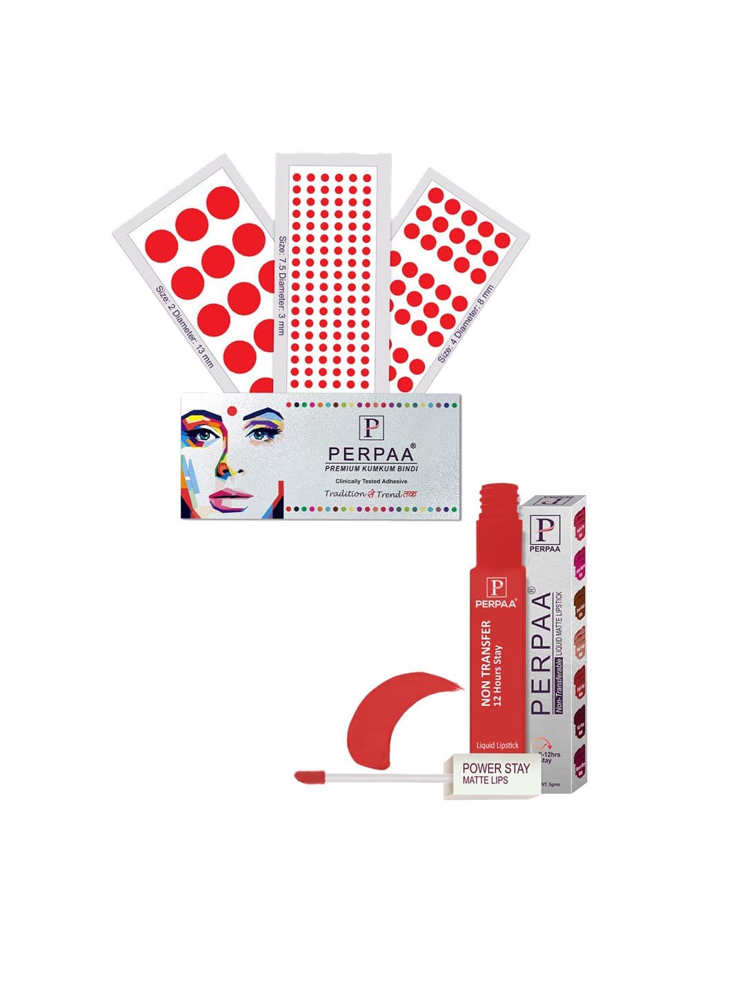 PERPAA Power Stay Non Transfer Lipstick-01 & Set of 3 Premium Red Bindis- Size 7.5,02,04 - view 1