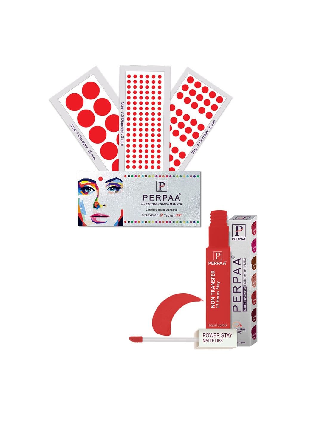 PERPAA Power Stay Non Transfer Lipstick - Shade 01 & Set of 3 Premium Red Bindis - view 1