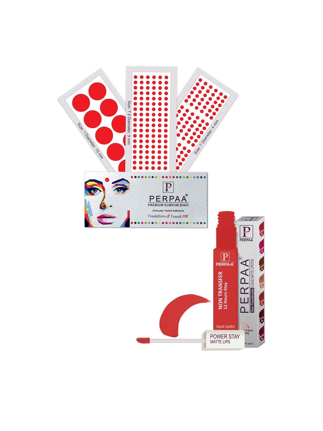 PERPAA Power Stay Non Transfer Lipstick - Shade 01 & Set of 3 Premium Red Bindis - view 1