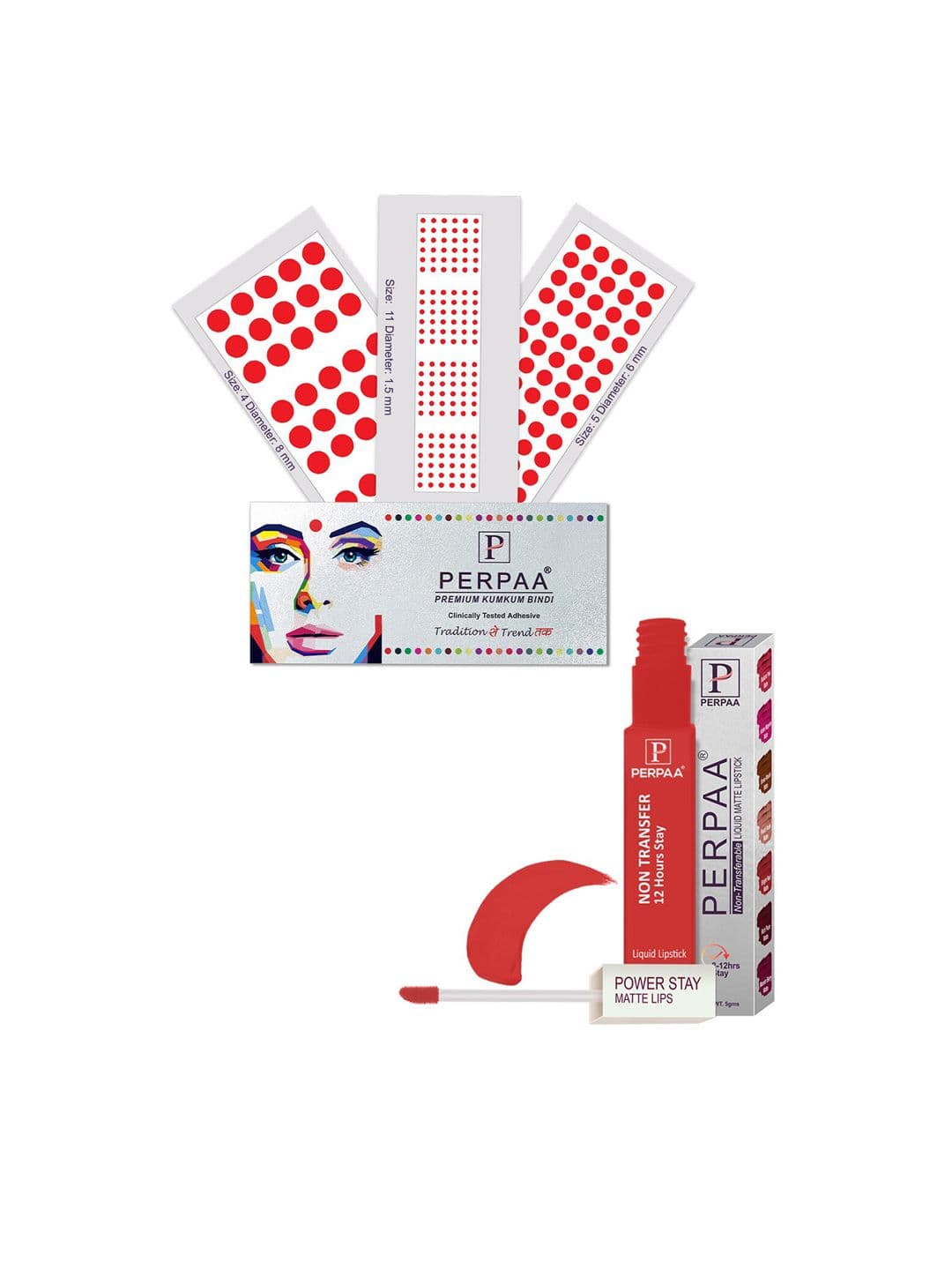 PERPAA Power Stay Non Transfer Lipstick-01 & Set of 3 Premium Red Bindis- Size 04,05,11 - view 1