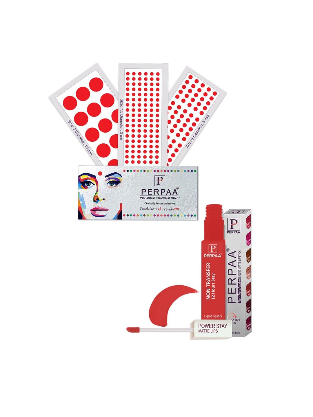 PERPAA Power Stay Non Transfer Lipstick - Shade 01 & Set of 3 Premium Red Bindis - view 1