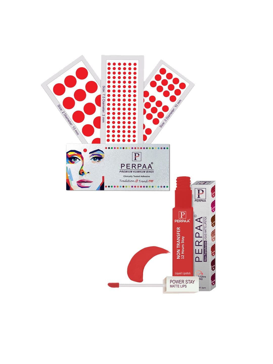 PERPAA Power Stay Non Transfer Lipstick - Shade 01 & Set of 3 Premium Red Bindis - view 1