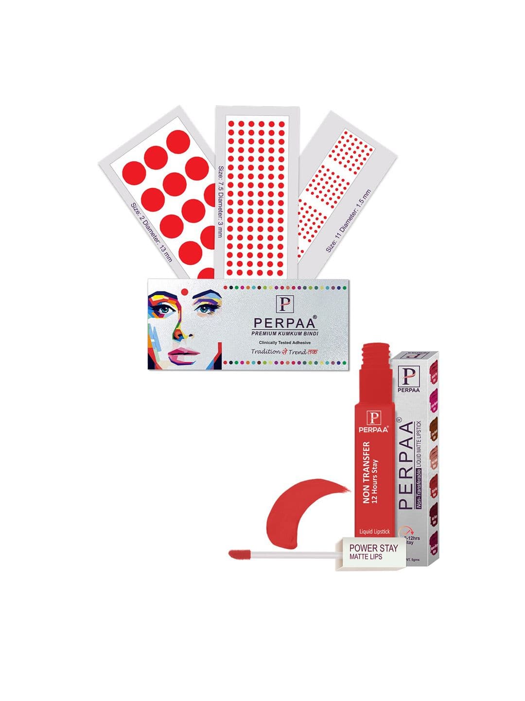 PERPAA Power Stay Non Transfer Lipstick - Shade 01 & Set of 3 Premium Red Bindis - view 1