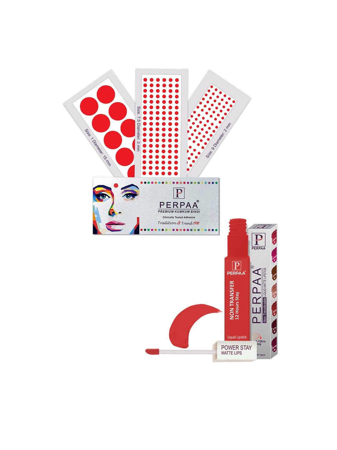 PERPAA Power Stay Non Transfer Lipstick-01 & Set of 3 Premium Red Bindis- Size 7.5,01,09 - view 1