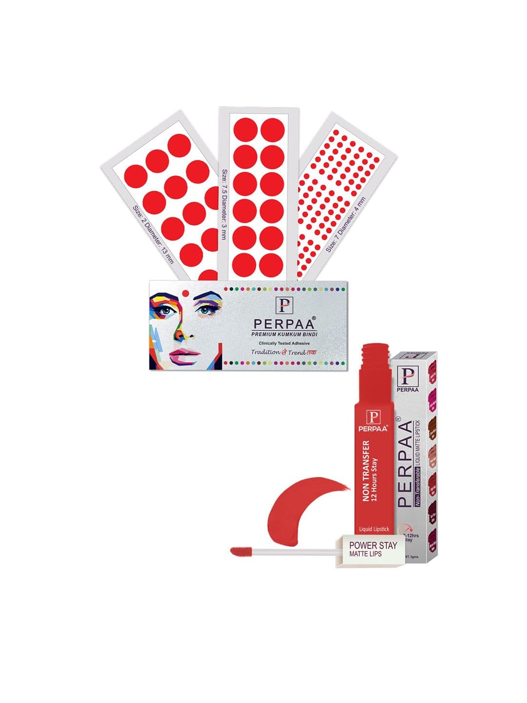 PERPAA Power Stay Non Transfer Lipstick - Shade 01 & Set of 3 Premium Red Bindis - view 1