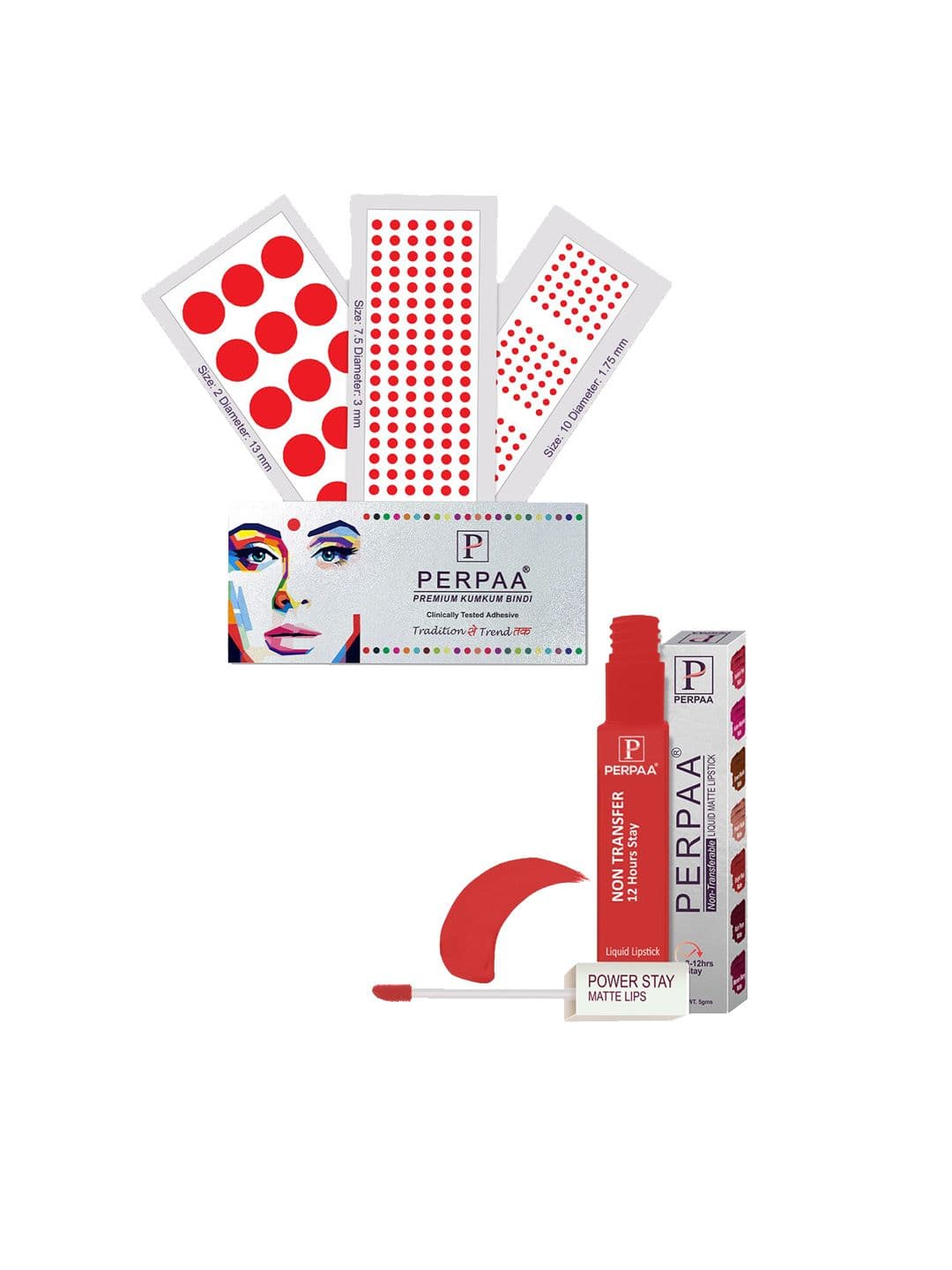 PERPAA Power Stay Non Transfer Lipstick-01 & Set of 3 Premium Red Bindis- Size 7.5,02,10 - view 1