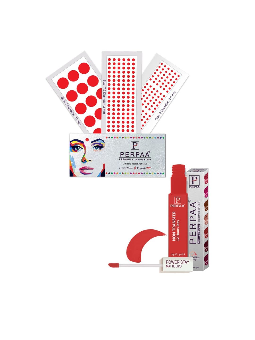 PERPAA Power Stay Non Transfer Lipstick-01 & Set of 3 Premium Red Bindis - Size 7.5,02,08 - view 1