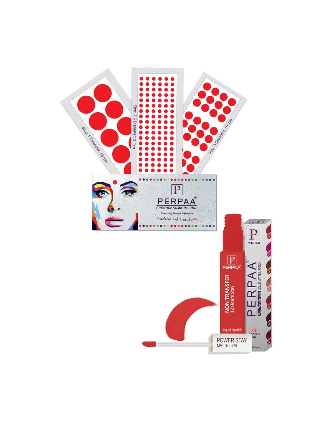 PERPAA Power Stay Non Transfer Lipstick-01 & Set of 3 Premium Red Bindis - Size 7.5,01,03 - view 1