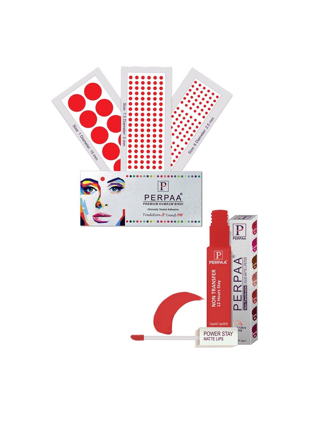 PERPAA Power Stay Non Transfer Lipstick-01 & Set of 3 Premium Red Bindis - Size 7.5,01,08 - view 1
