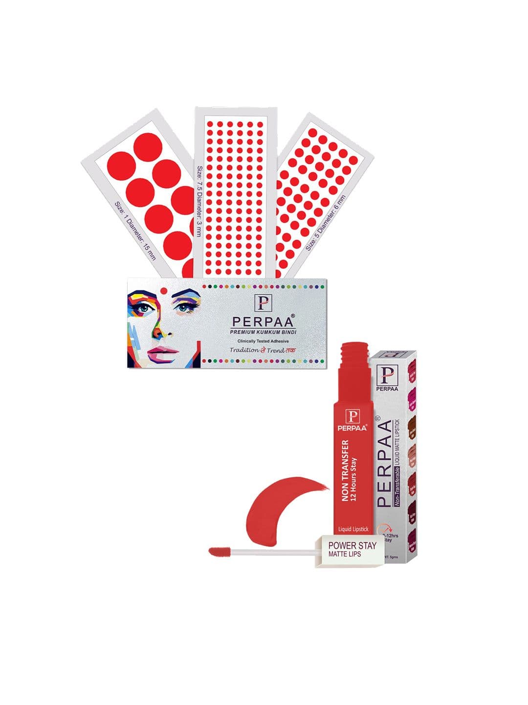 PERPAA Power Stay Non Transfer Lipstick - Shade 01 & Set of 3 Premium Red Bindis - view 1