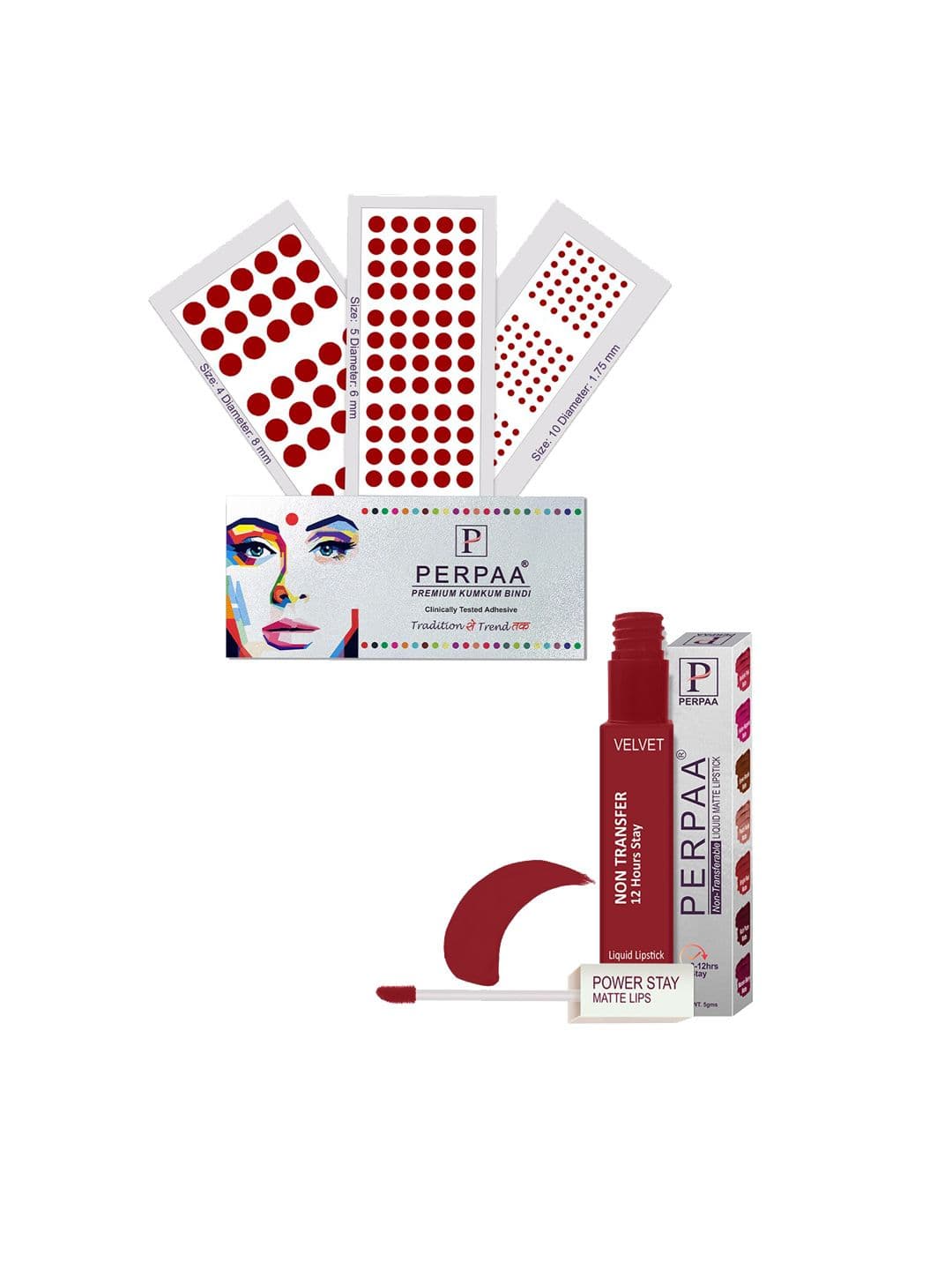 PERPAA Power Stay Non Transfer Lipstick-22 & Set of 3 Premium Maroon Bindis -Size 04,05,10 - view 1