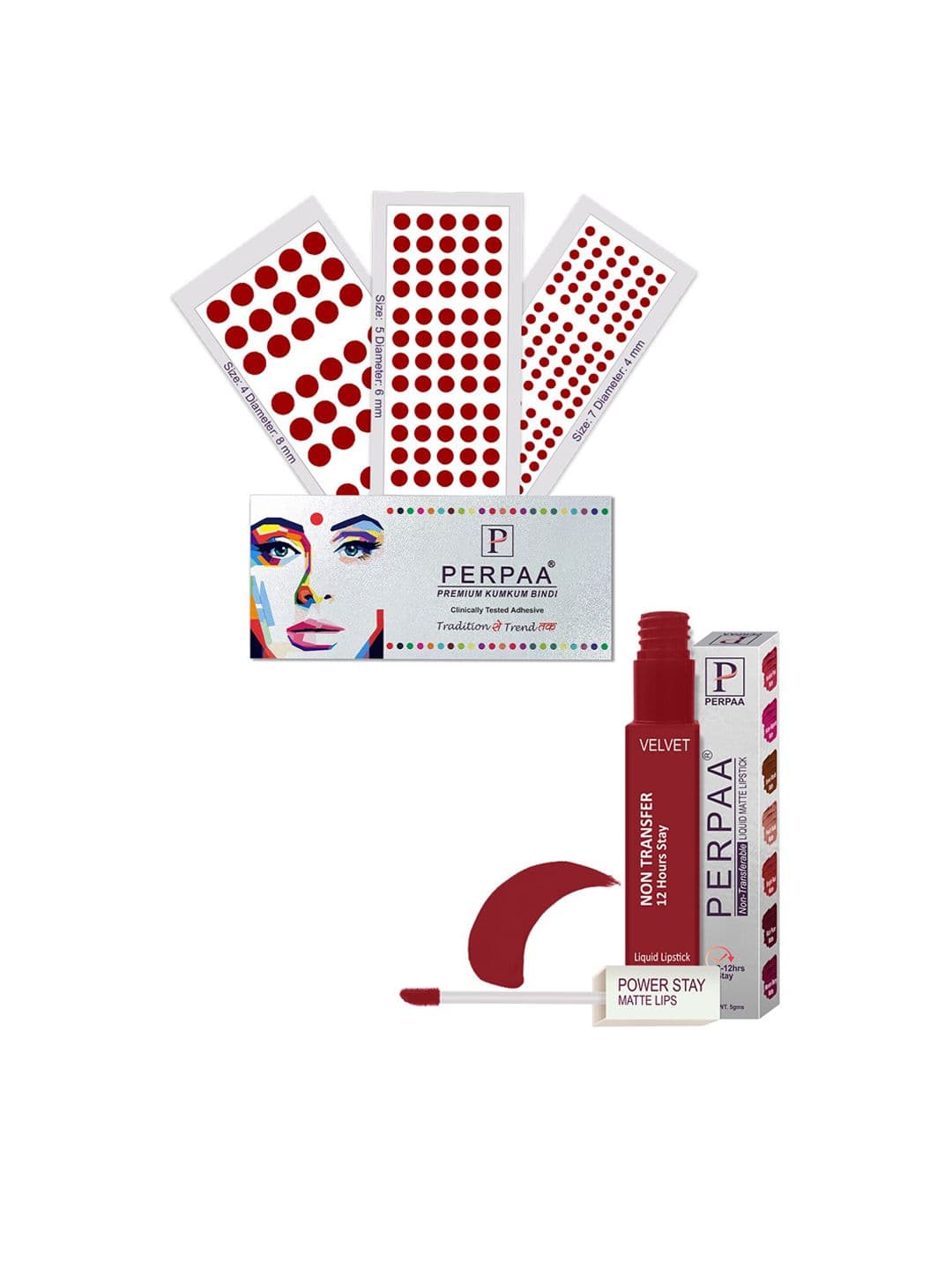 PERPAA Power Stay Non Transfer Lipstick-22 & Set of 3 Premium Maroon Bindis -Size 04,05,07 - view 1