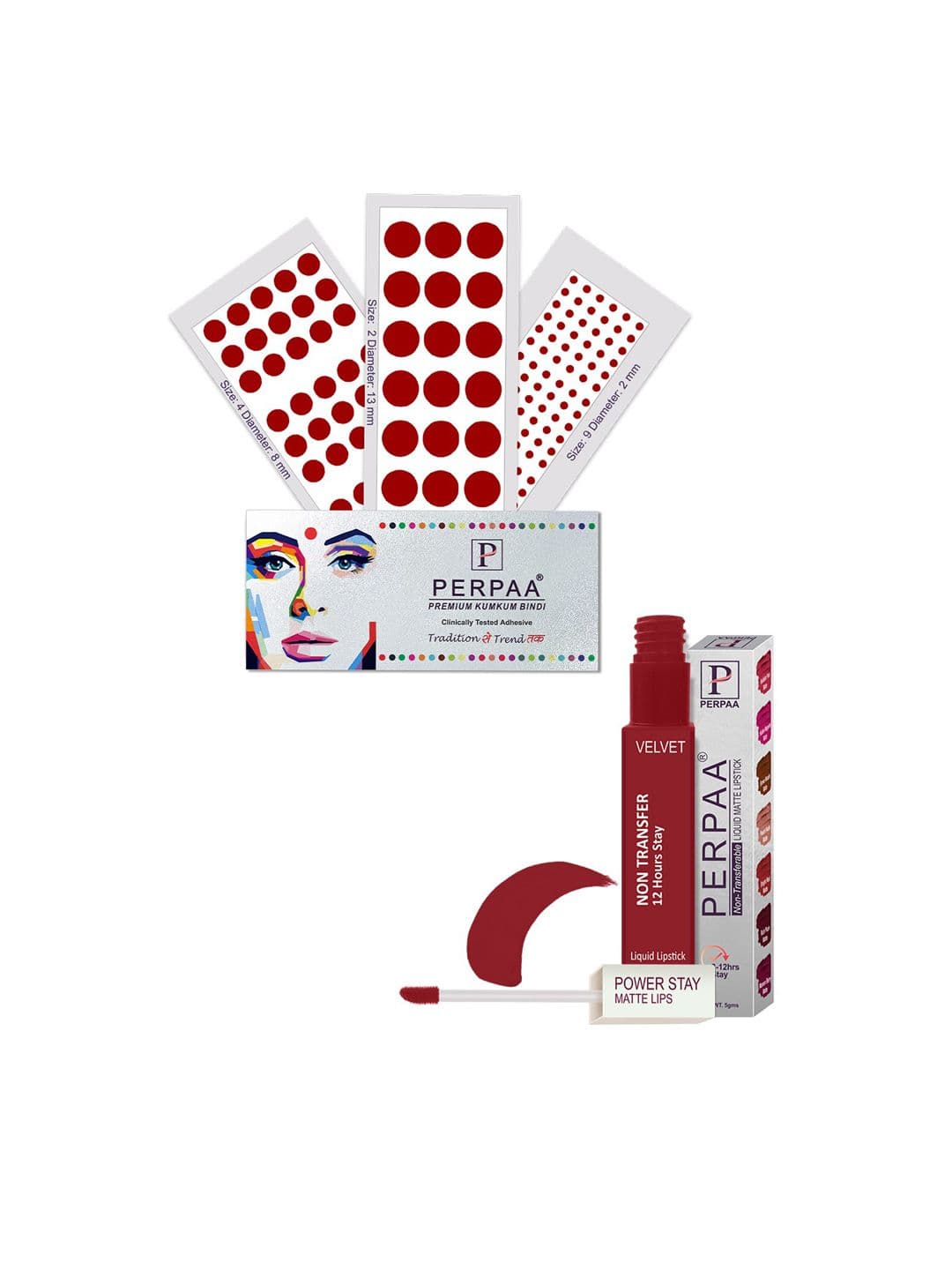 PERPAA Power Stay Non Transfer Lipstick-22 & Set of 3 Premium Maroon Bindis -Size 02,09,04 - view 1
