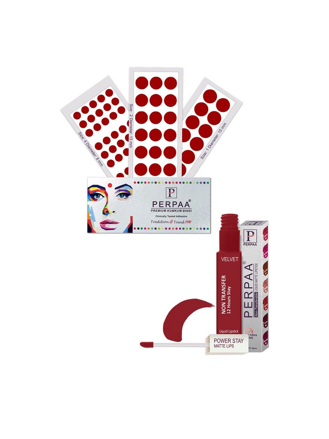 PERPAA Power Stay Non Transfer Lipstick-22 & Set of 3 Premium Maroon Bindis-Size 01,02,04 - view 1