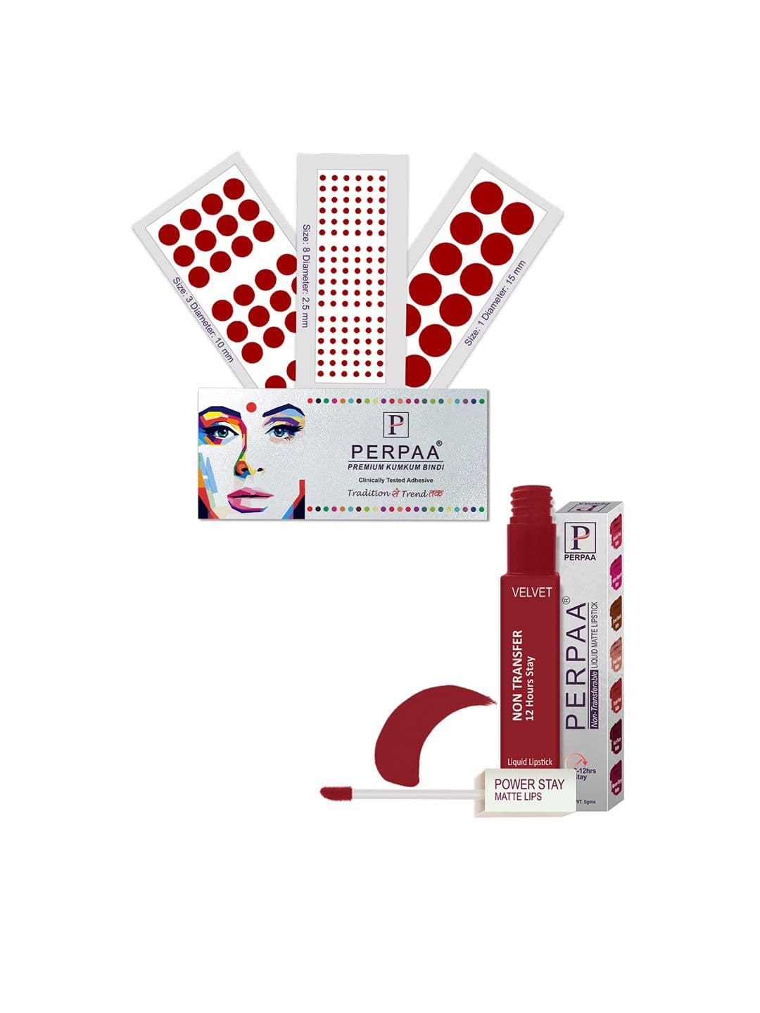 PERPAA Power Stay Non Transfer Lipstick-22 & Set of 3 Premium Maroon Bindis -Size 01,03,08 - view 1