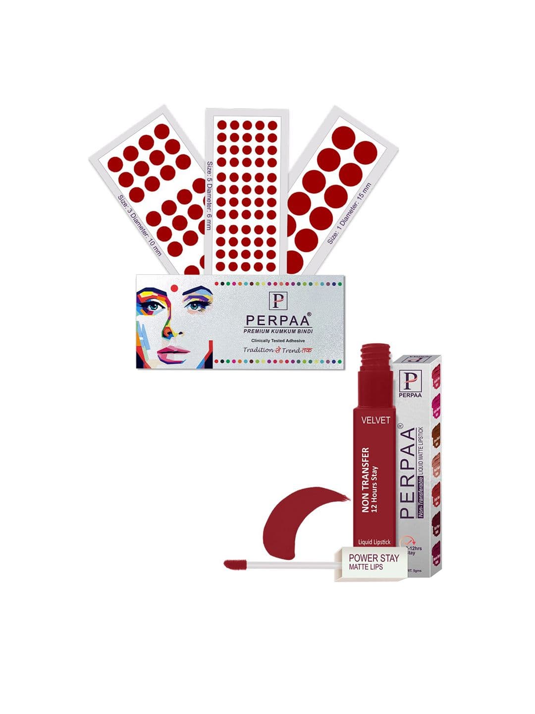 PERPAA Power Stay Non Transfer Lipstick-22 & Set of 3 Premium Maroon Bindis -Size 01,03,05 - view 1