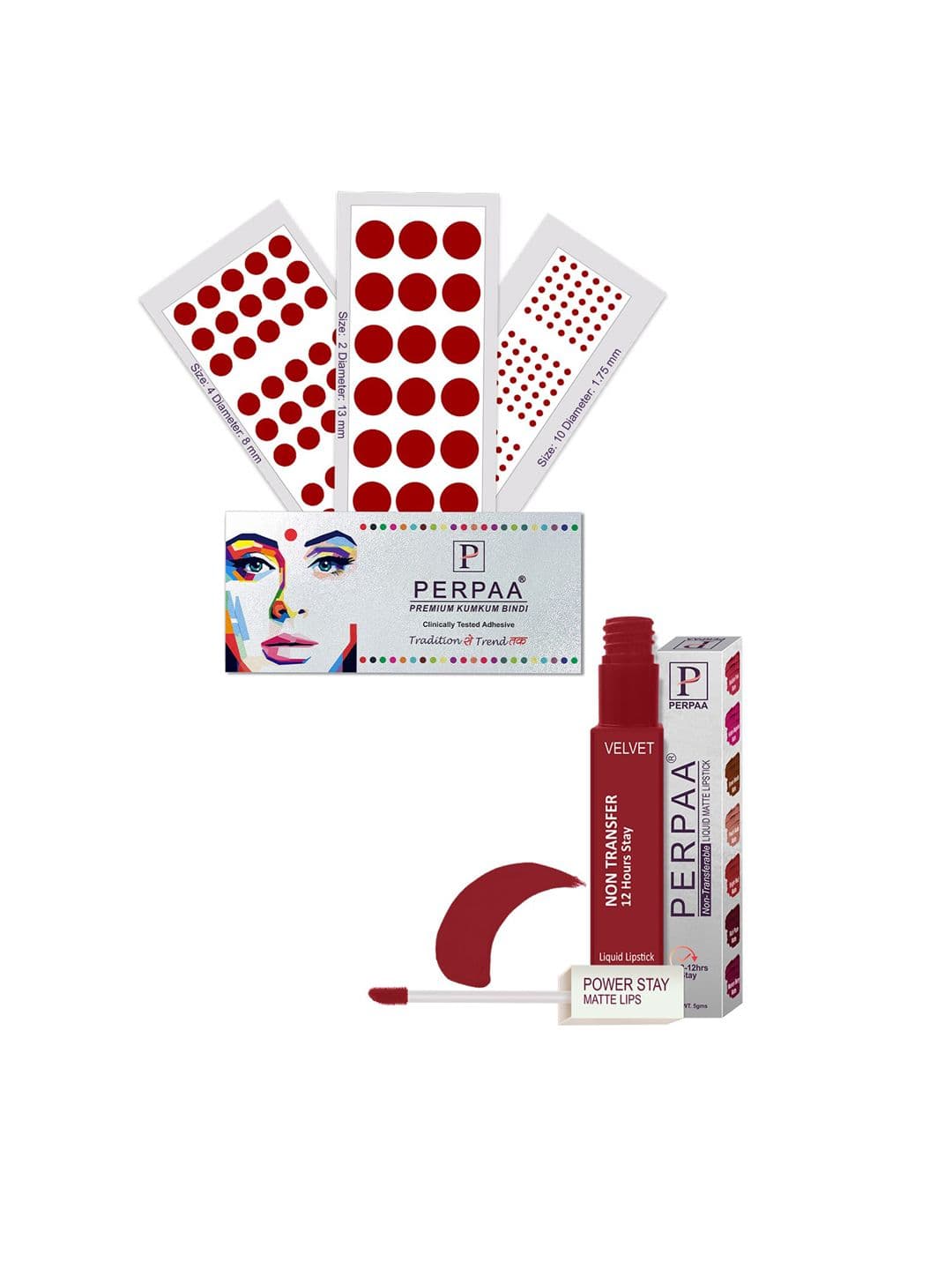 PERPAA Power Stay Non Transfer Lipstick-22 & Set of 3 Premium Bindis - Size 02,10,04 - view 1