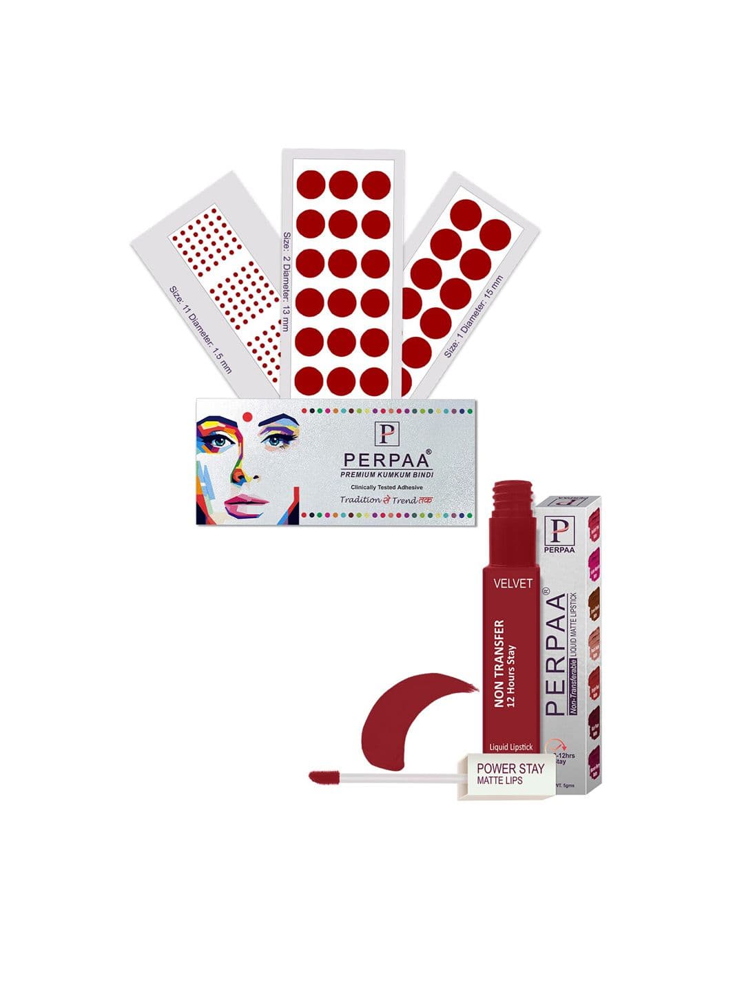 PERPAA Power Stay Non Transfer Lipstick-22 & Set of 3 Premium Bindis - Size 01,02,11 - view 1