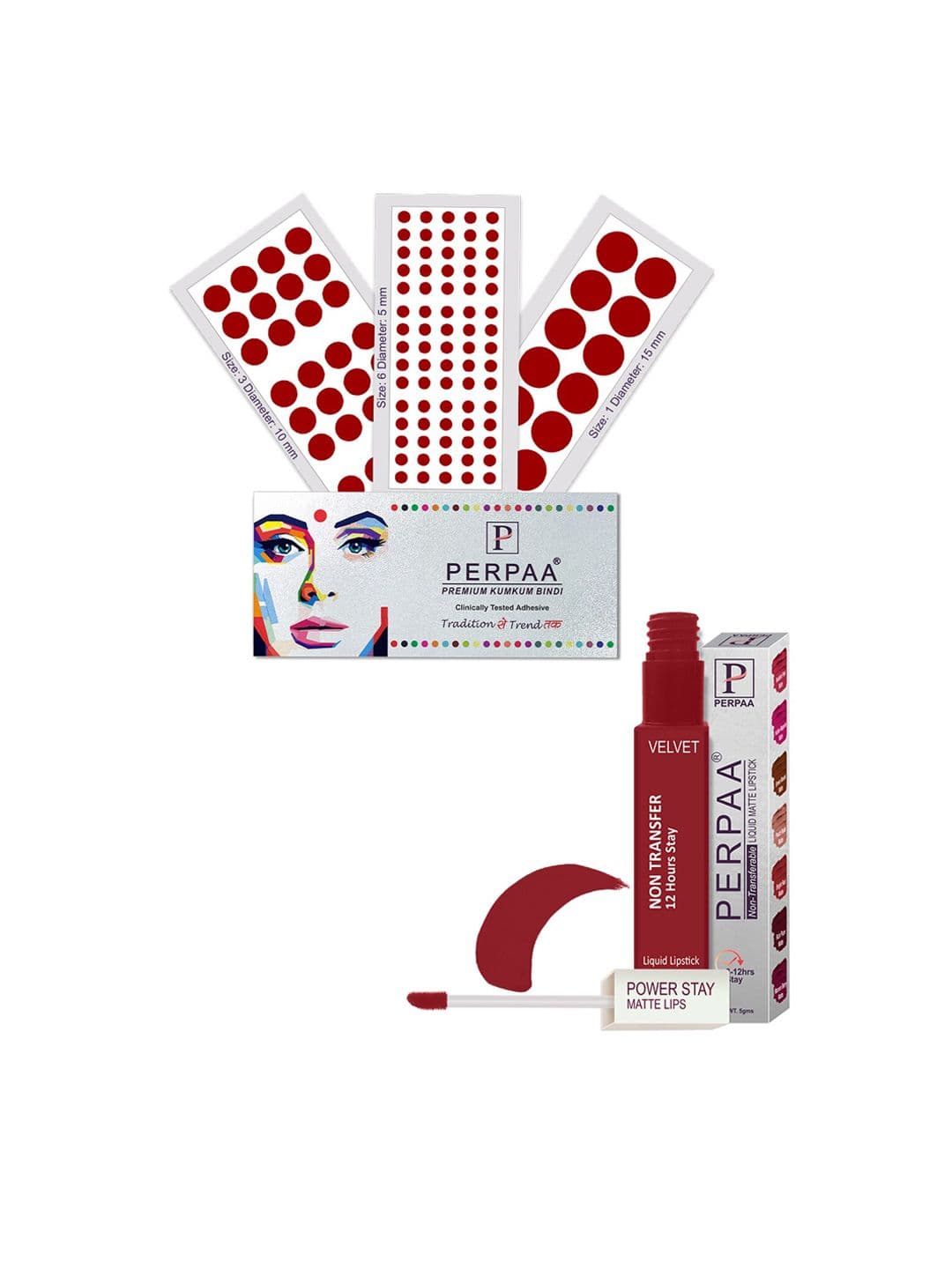 PERPAA Power Stay Non Transfer Lipstick-22 & Set of 3 Premium Bindis - Size 01,03,06 - view 1