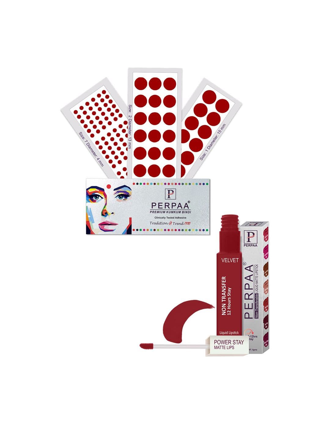 PERPAA Power Stay Non Transfer Lipstick-22 & Set of 3 Premium Bindis - Size 01,02,07 - view 1