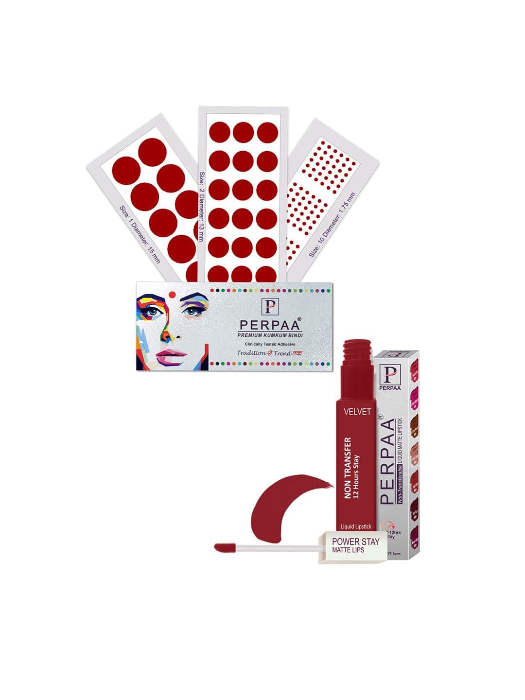 PERPAA Power Stay Non Transfer Lipstick-22 & Set of 3 Premium Bindis - Size 01,02,08 - view 1