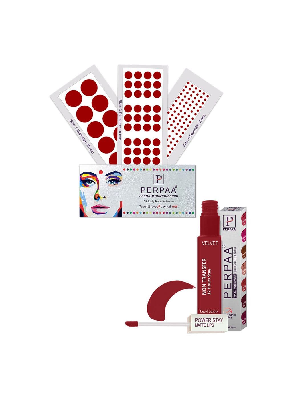 PERPAA Power Stay Non Transfer Lipstick-22 & Set of 3 Premium Bindis - Size 01,03,09 - view 1