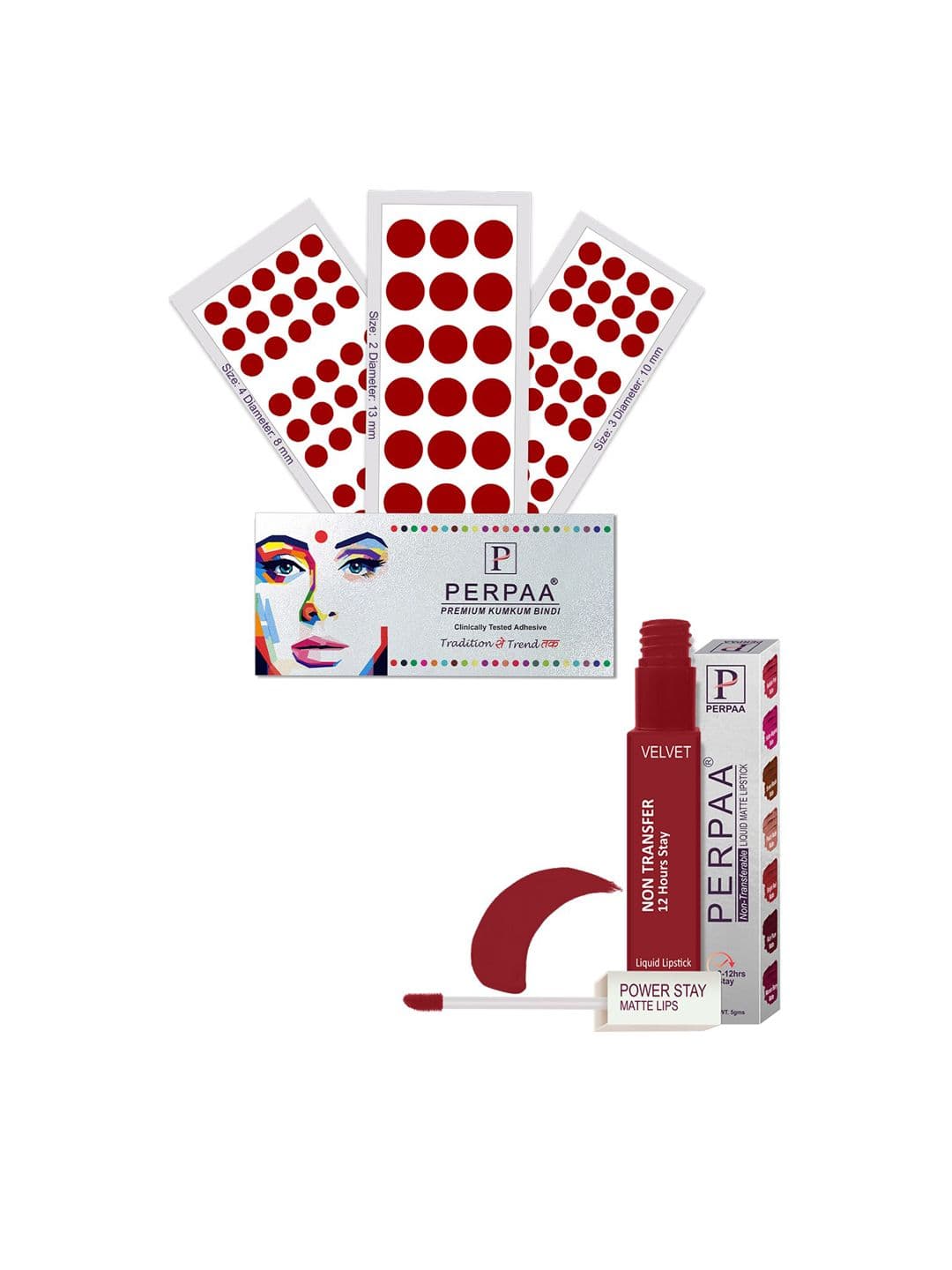 PERPAA Power Stay Non Transfer Lipstick-22 & Set of 3 Premium Bindis - Size 02,03,04 - view 1