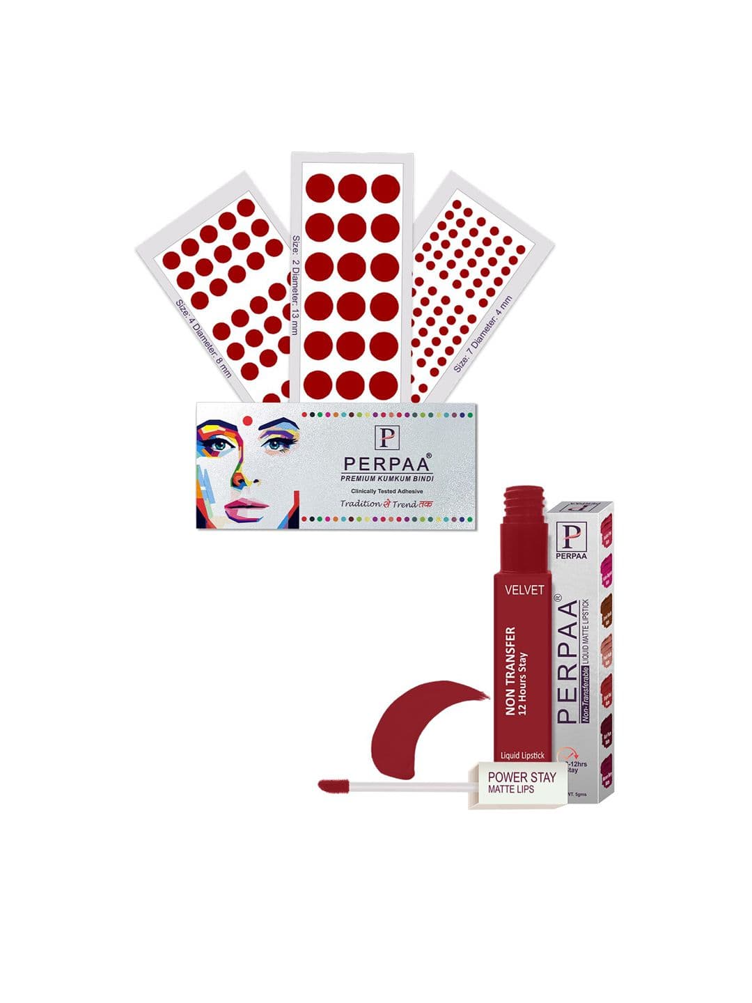 PERPAA Power Stay Non Transfer Lipstick - Shade 22 & Set of 3 Premium Light Maroon Bindis - view 1