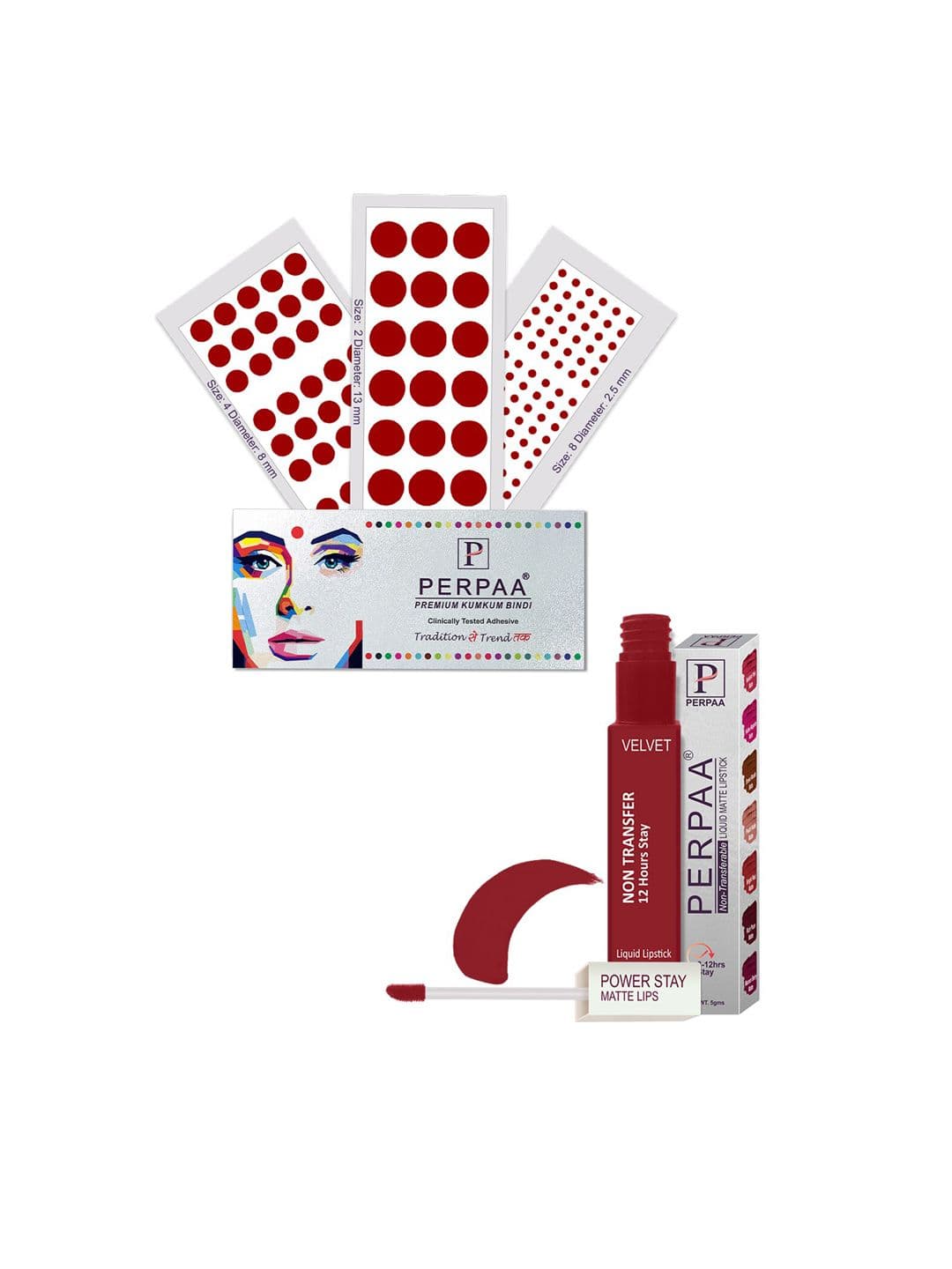 PERPAA Power Stay Non Transfer Lipstick - Shade 22 & Set of 3 Premium Light Maroon Bindis - view 1