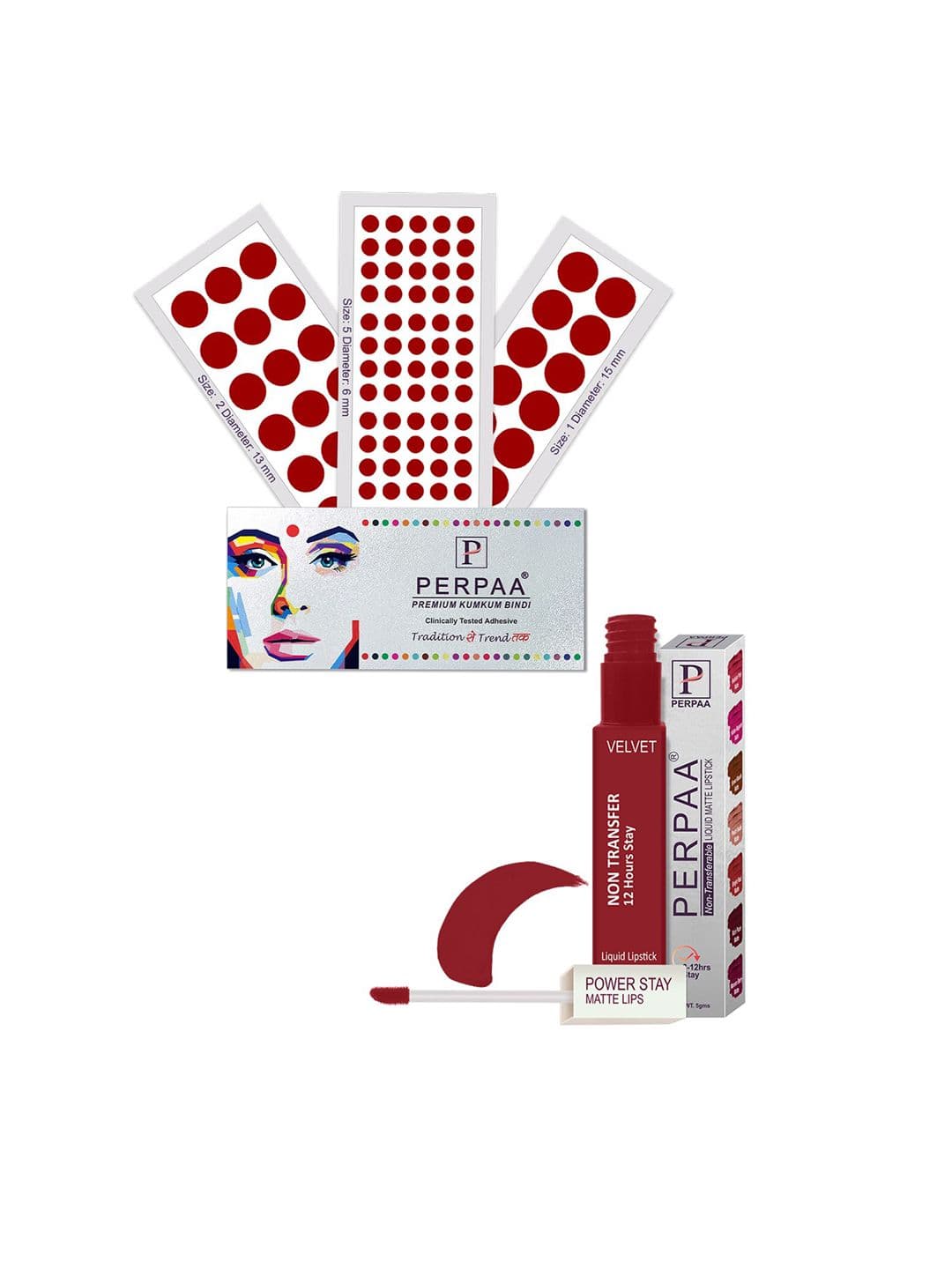 PERPAA Power Stay Non Transfer Lipstick - Shade 22 & Set of 3 Premium Light Maroon Bindis - view 1