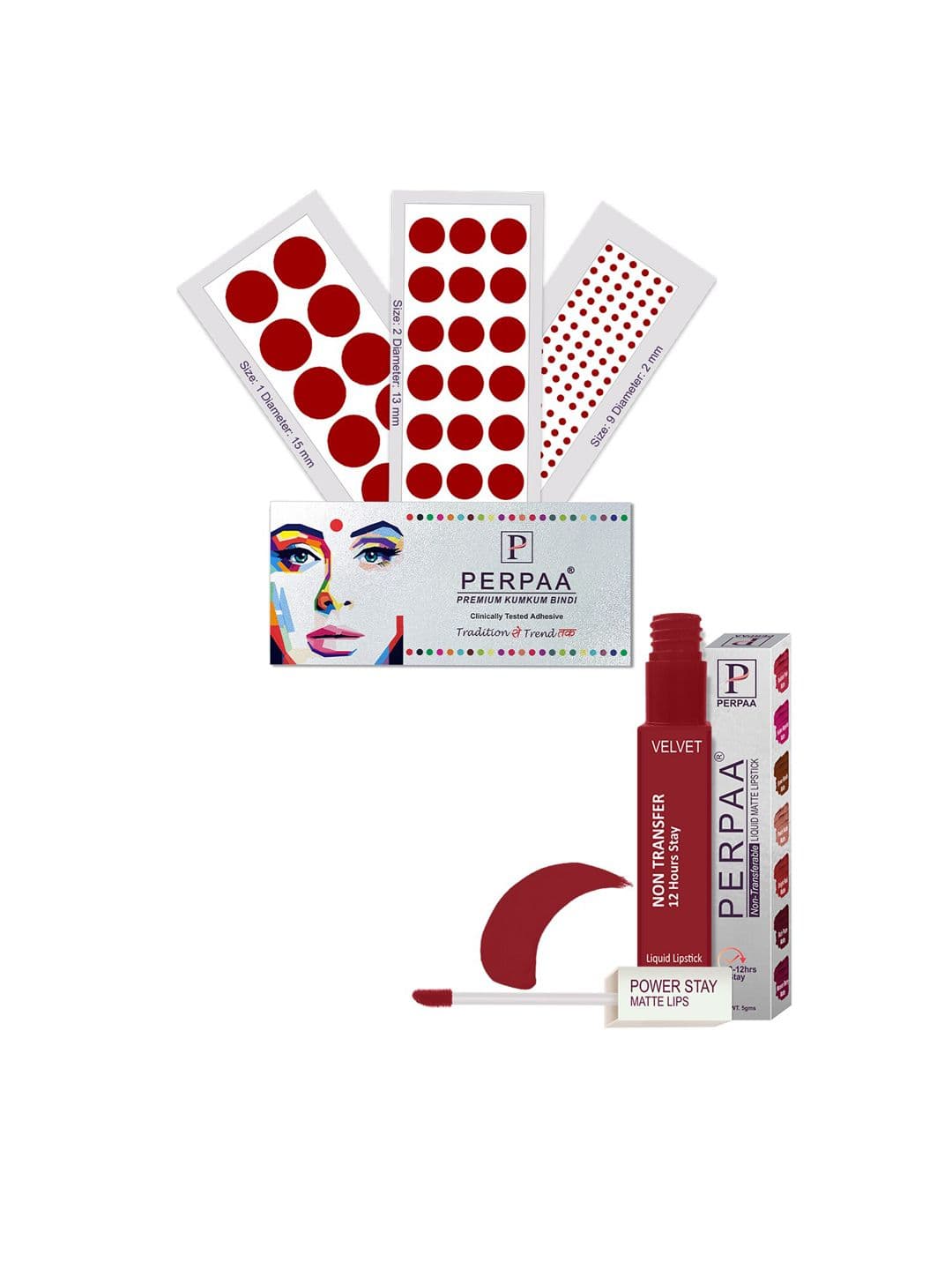 PERPAA Power Stay Non Transfer Lipstick - Shade 22 & Set of 3 Premium Light Maroon Bindis - view 1