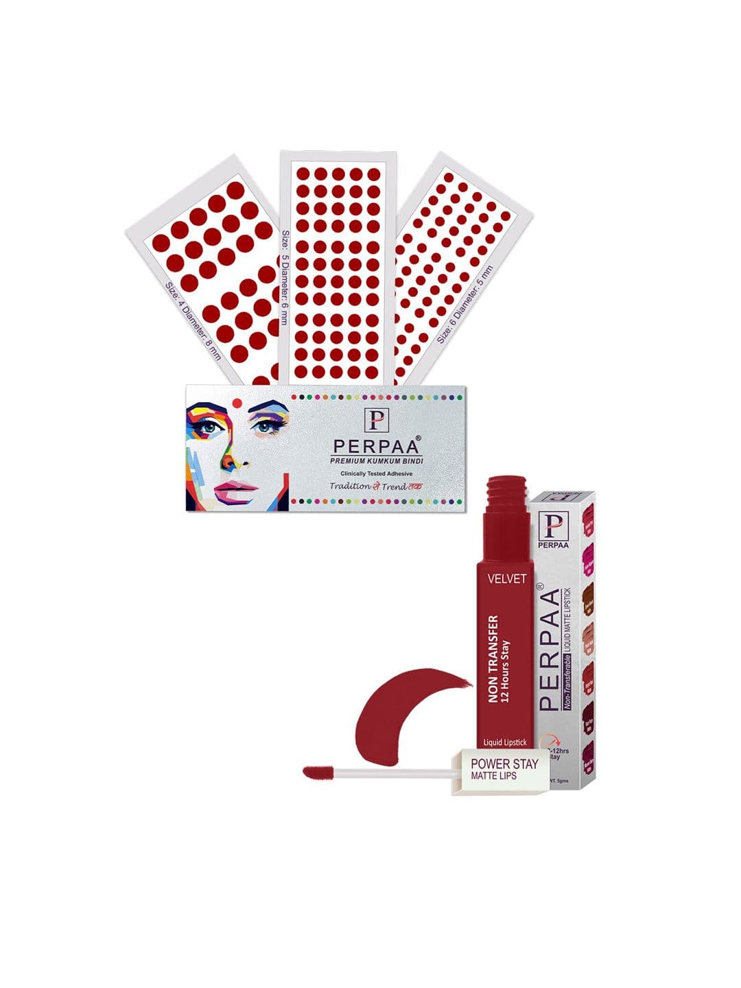 PERPAA Power Stay Non Transfer Lipstick - Shade 22 & Set of 3 Premium Light Maroon Bindis - view 1