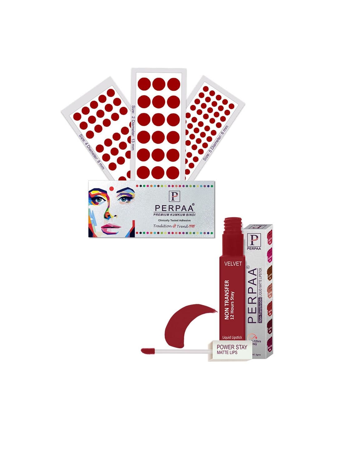 PERPAA Power Stay Liquid Lipstick - 22 with 3 Premium Maroon Bindi Flaps - Size 02,05,04 - view 1