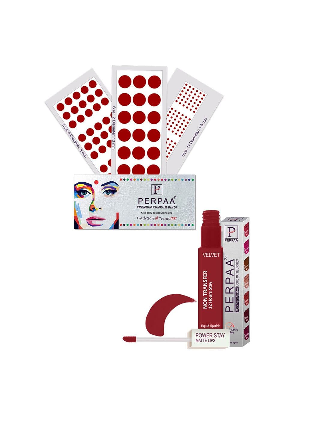 PERPAA Power Stay Non Transfer Lipstick-22 & Set of 3 Premium Bindis - Size 02,11,04 - view 1