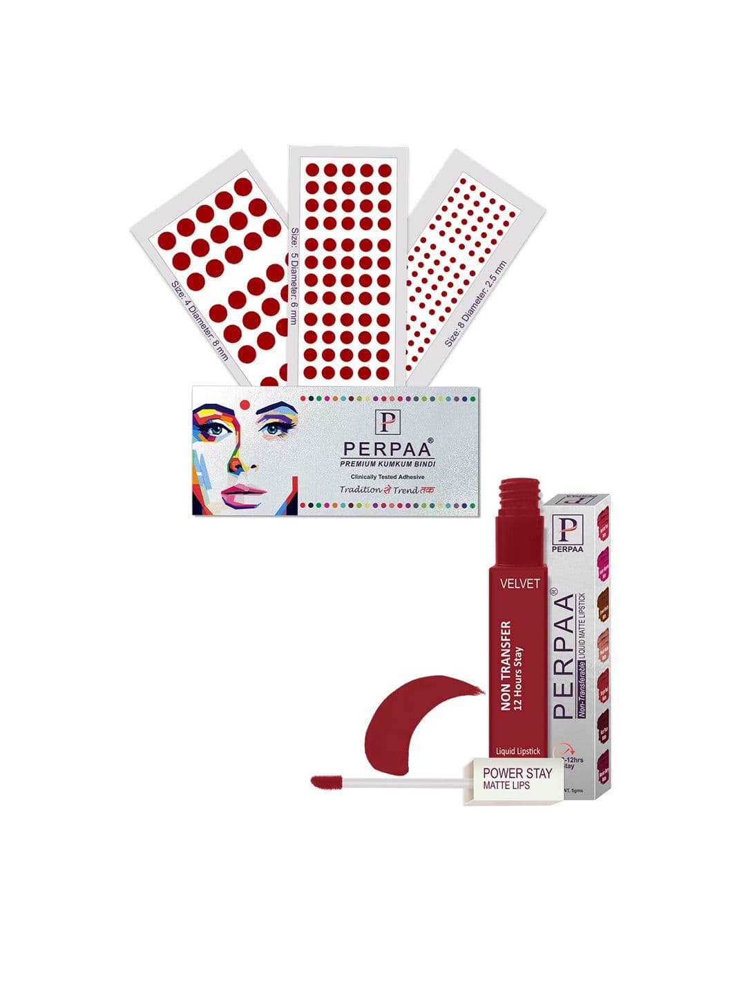 PERPAA Power Stay Non Transfer Lipstick-22 & Set of 3 Premium Bindis - Size 04,05,08 - view 1