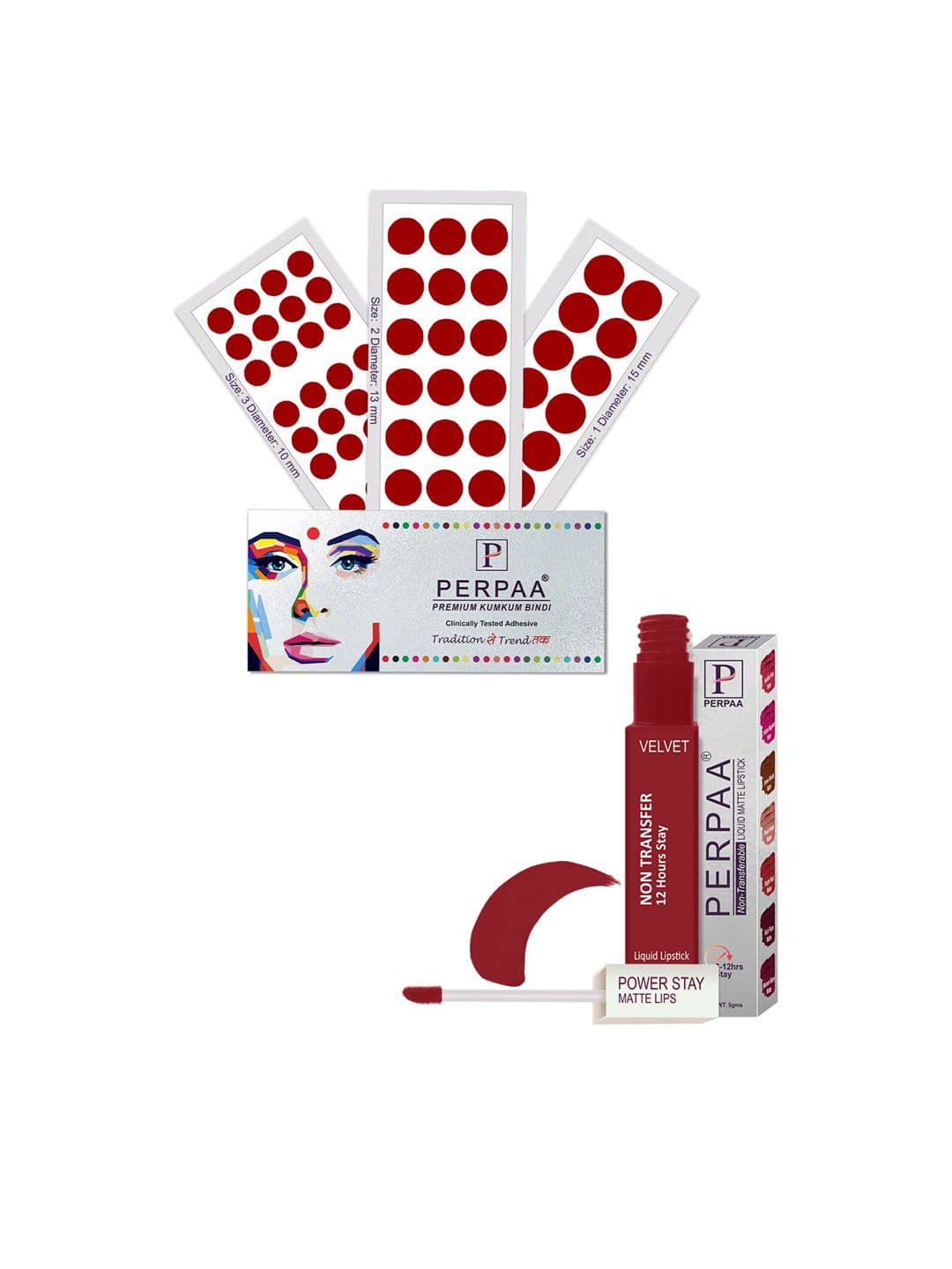 PERPAA Power Stay Non Transfer Lipstick - Shade 22 & Set of 3 Premium Light Maroon Bindis - view 1