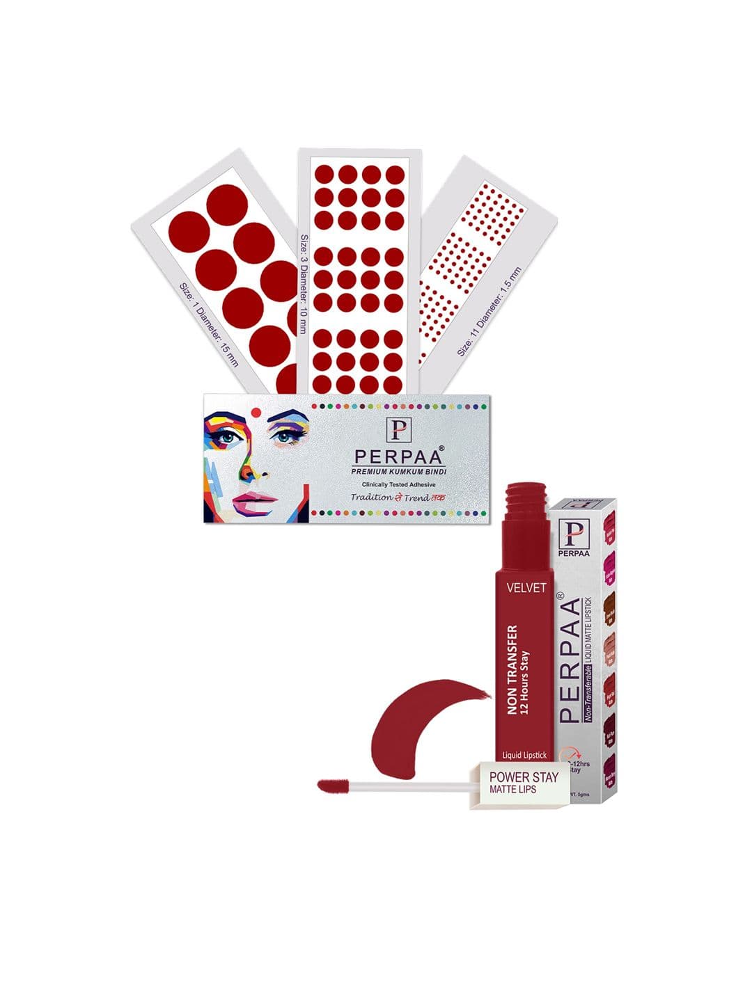 PERPAA Power Stay Non Transfer Lipstick - Shade 22 & Set of 3 Premium Light Maroon Bindis - view 1