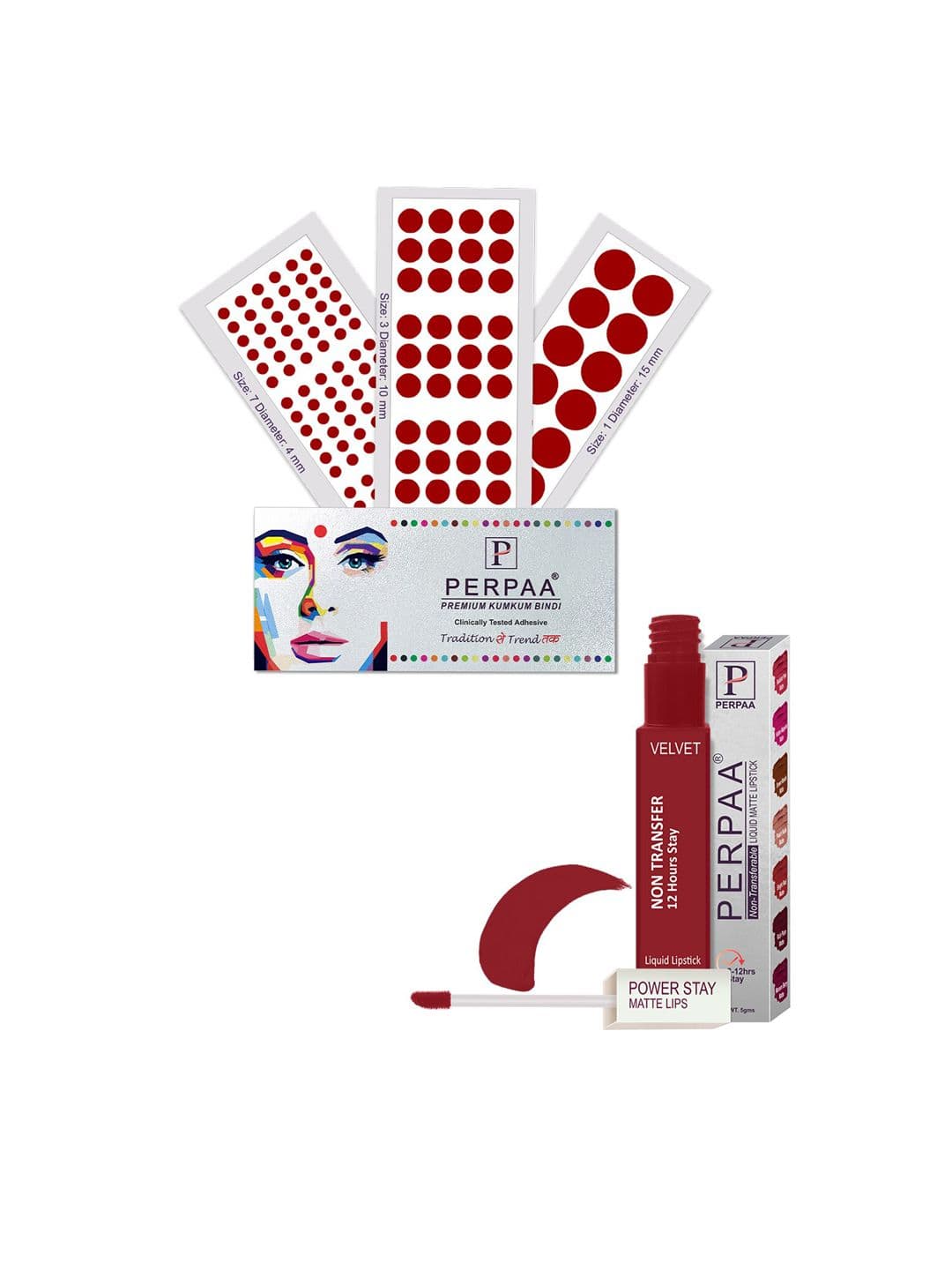 PERPAA Power Stay Non Transfer Lipstick - Shade 22 & Set of 3 Premium Light Maroon Bindis - view 1