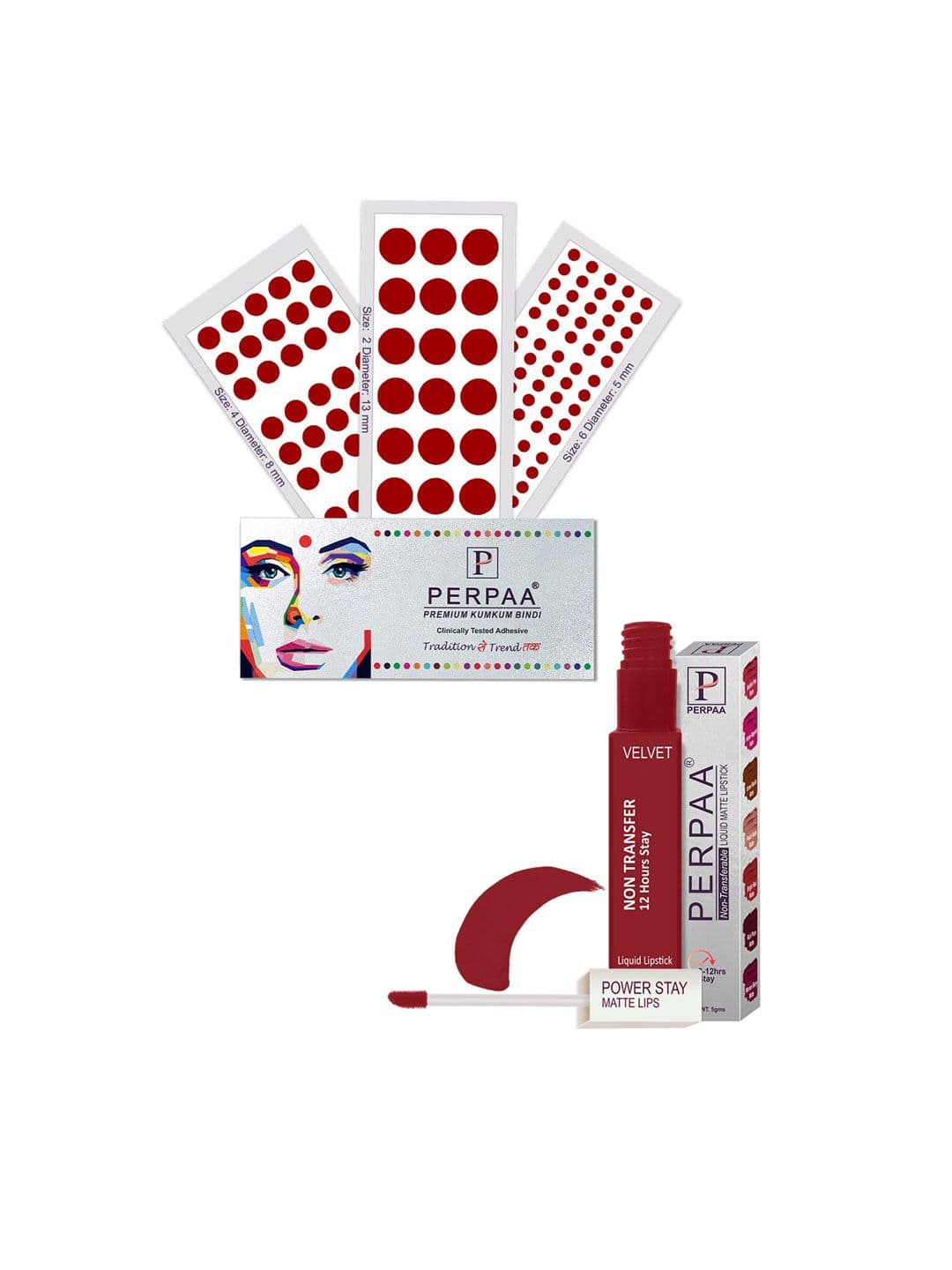 PERPAA Power Stay Non Transfer Lipstick - Shade 22 & Set of 3 Premium Light Maroon Bindis - view 1