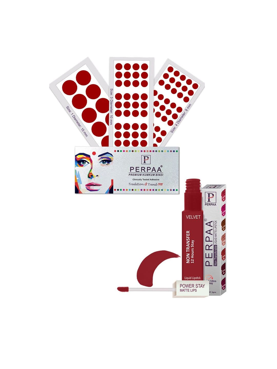 PERPAA Power Stay Non Transfer Lipstick - Shade 22 & Set of 3 Premium Light Maroon Bindis - view 1