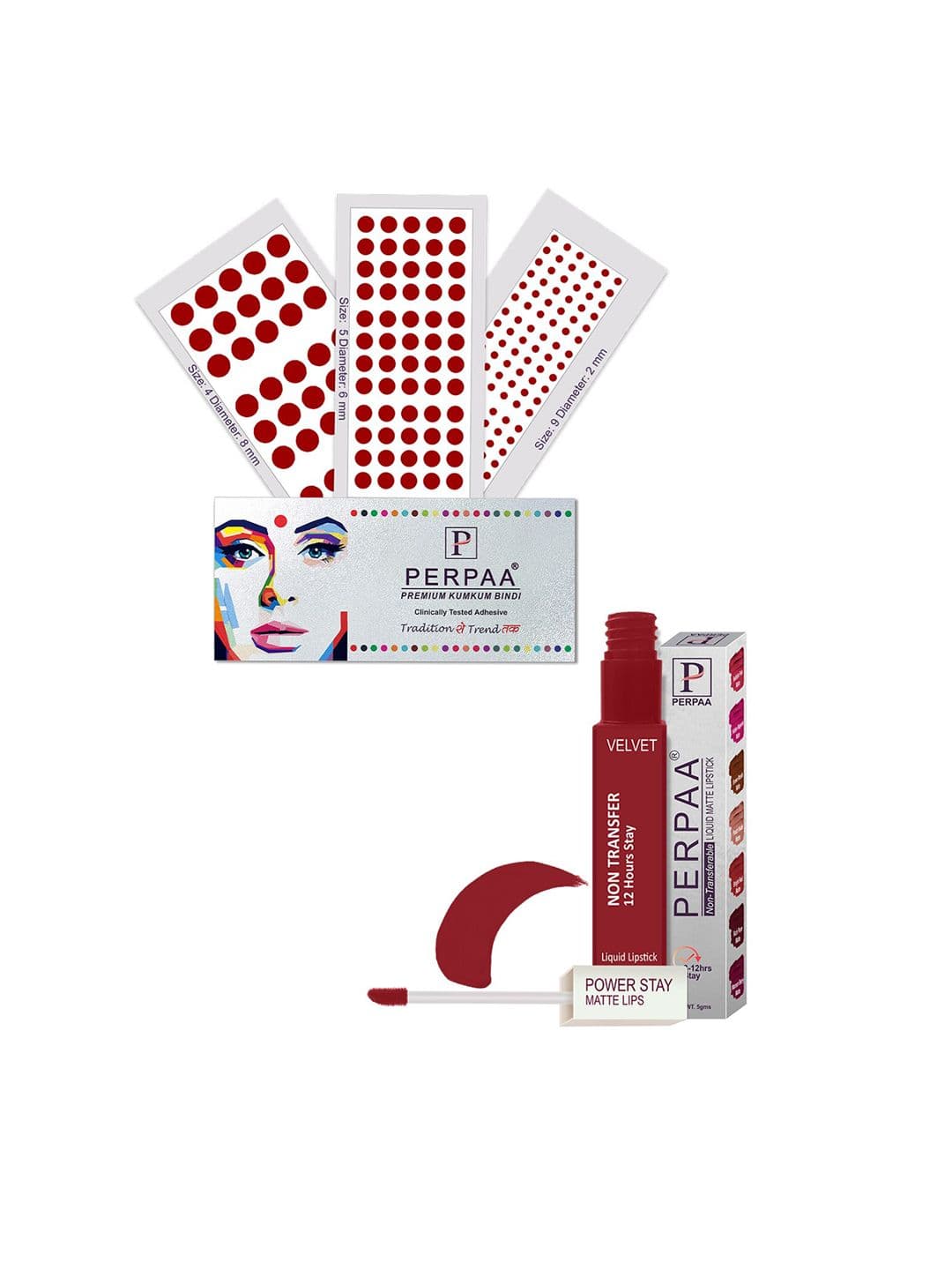 PERPAA Power Stay Non Transfer Lipstick - Shade 22 & Set of 3 Premium Light Maroon Bindis - view 1