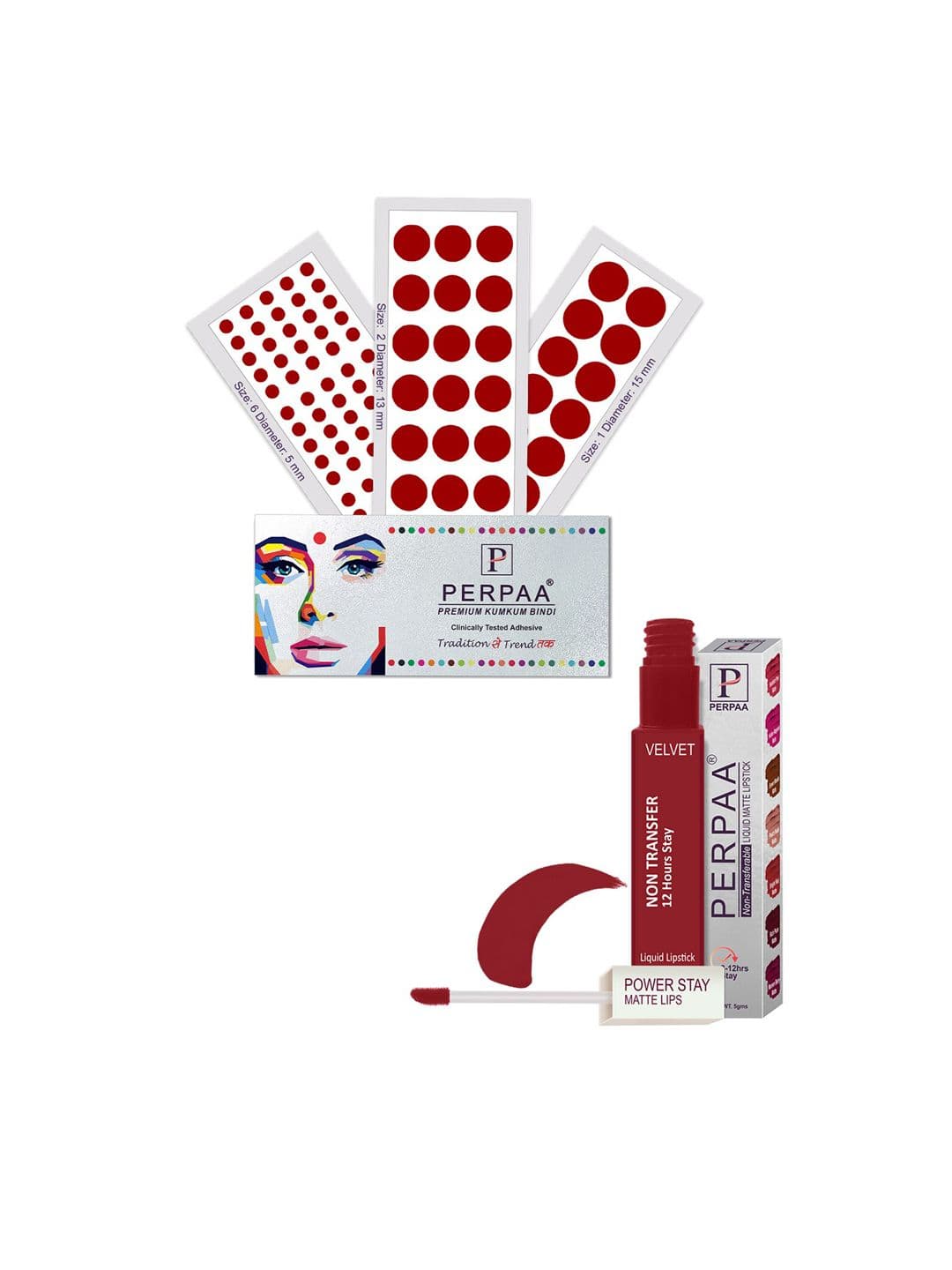 PERPAA Power Stay Non Transfer Lipstick - Shade 22 & Set of 3 Premium Light Maroon Bindis - view 1