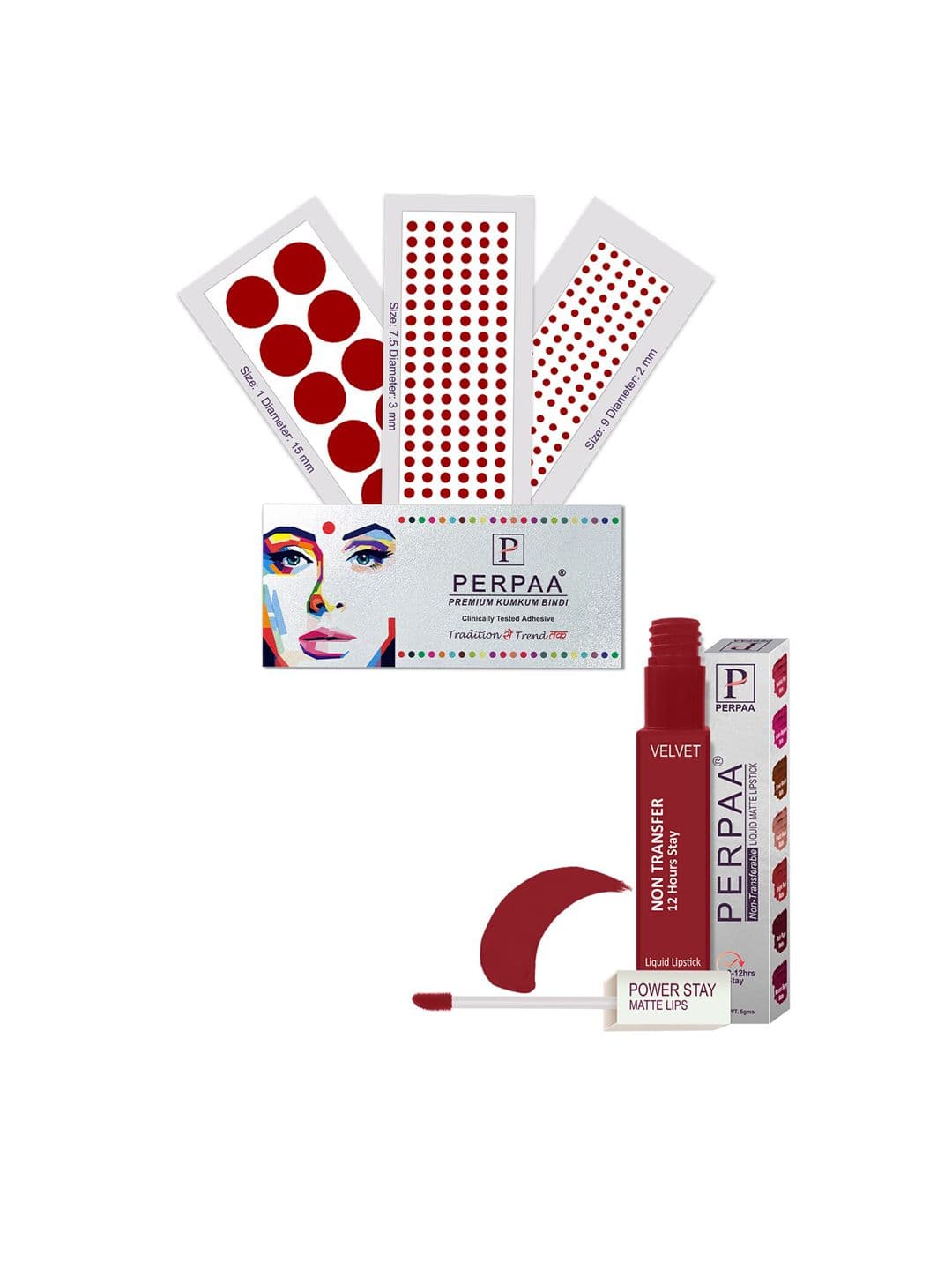 PERPAA Power Stay Non Transfer Lipstick-22 & Set of 3 Premium Bindis - Size 7.5,01,09 - view 1