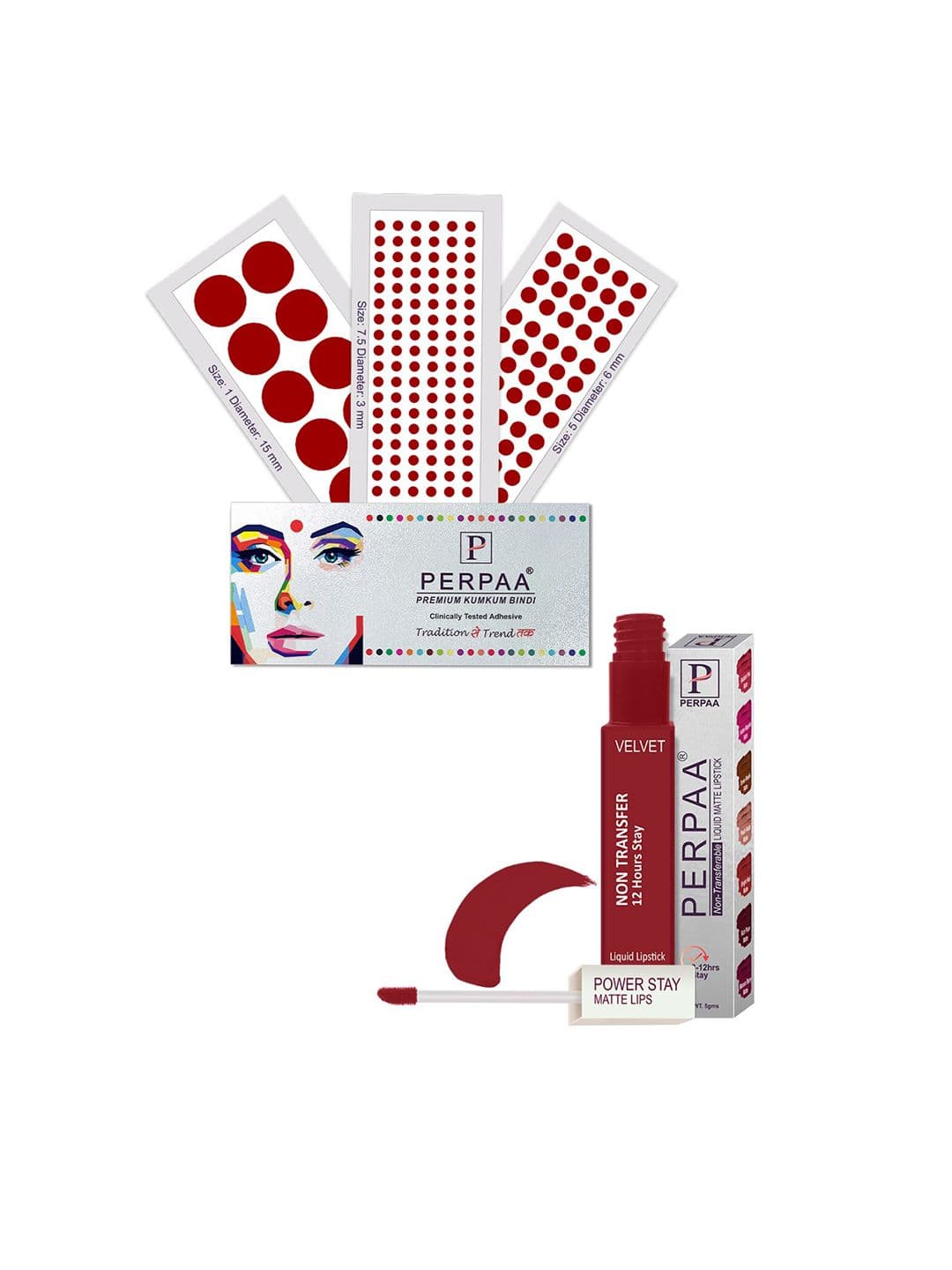 PERPAA Power Stay Non Transfer Lipstick-22 & Set of 3 Premium Bindis - Size 7.5,01,05 - view 1