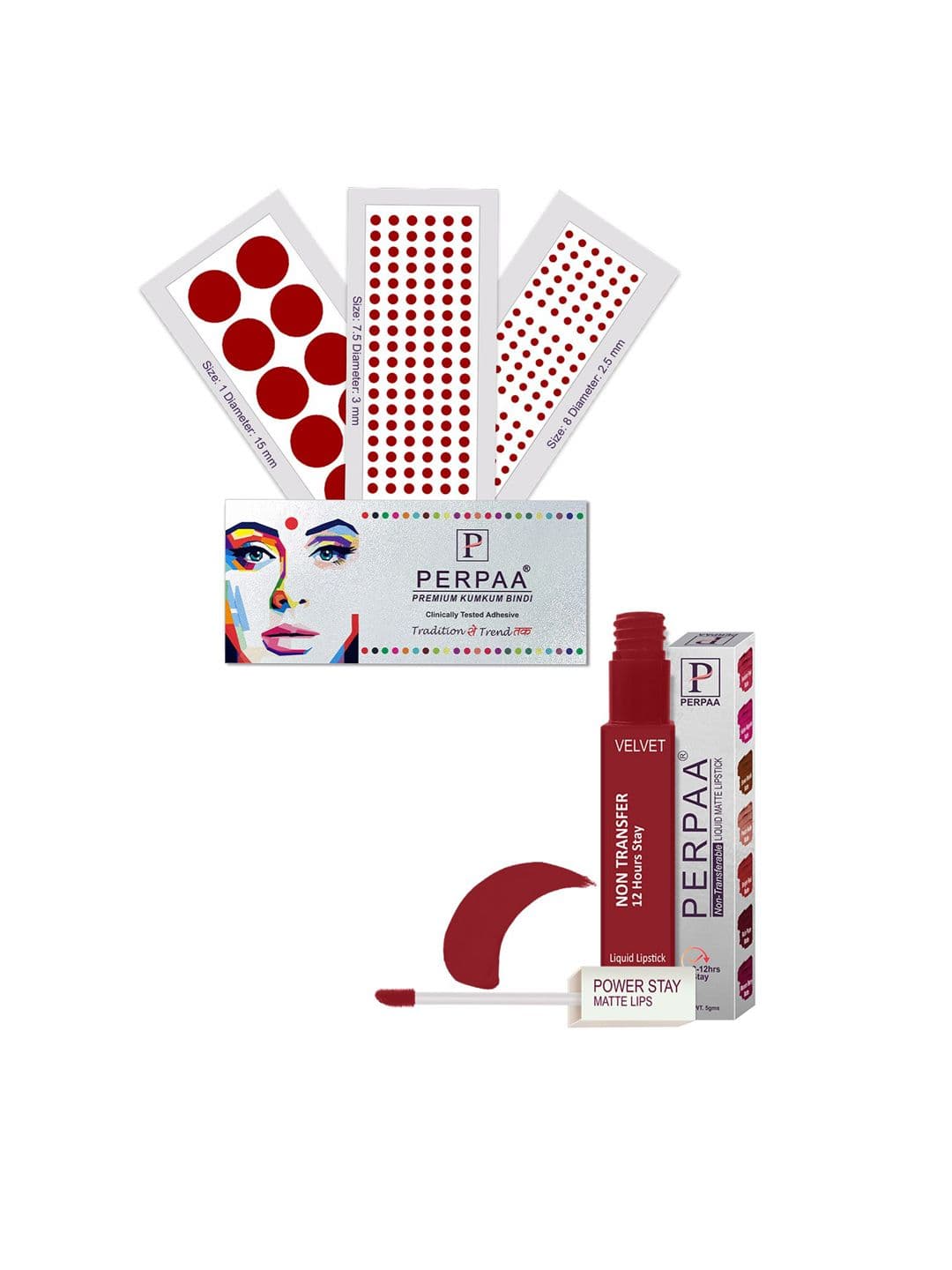 PERPAA Power Stay Non Transfer Lipstick-22 & Set of 3 Premium Bindis - Size 7.5,01,08 - view 1
