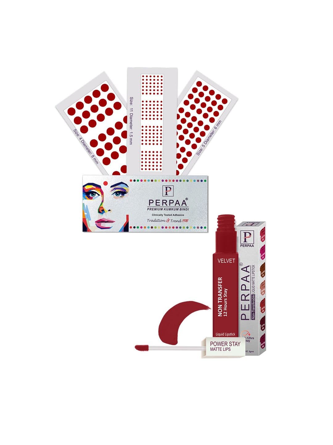 PERPAA Power Stay Non Transfer Lipstick-22 & Set of 3 Premium Red Bindis-Size 04,05,11 - view 1