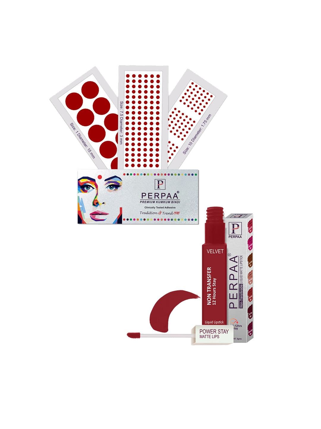 PERPAA Power Stay Non Transfer Lipstick-22 & Set of 3 Premium Red Bindis-Size 7.5,01,10 - view 1