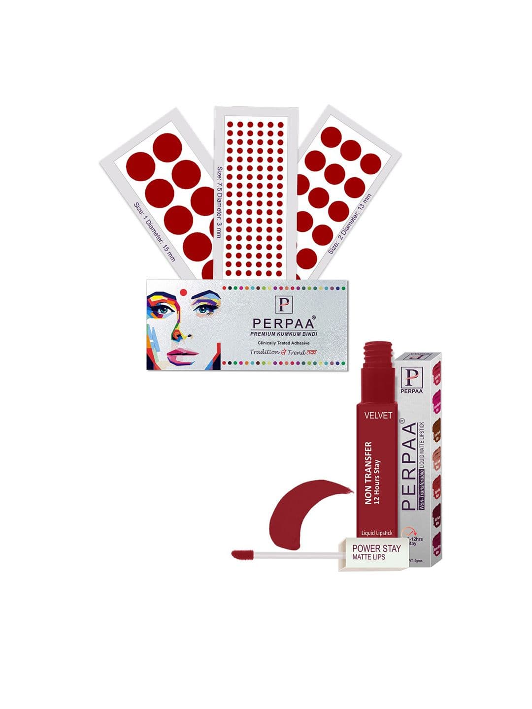PERPAA Power Stay Non Transfer Lipstick - Shade 22 & Set of 3 Premium Light Maroon Bindis - view 1