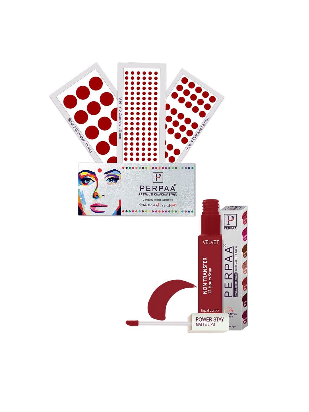 PERPAA Power Stay Non Transfer Lipstick-22 & Set of 3 Premium Red Bindis-Size 7.5,02,04 - view 1