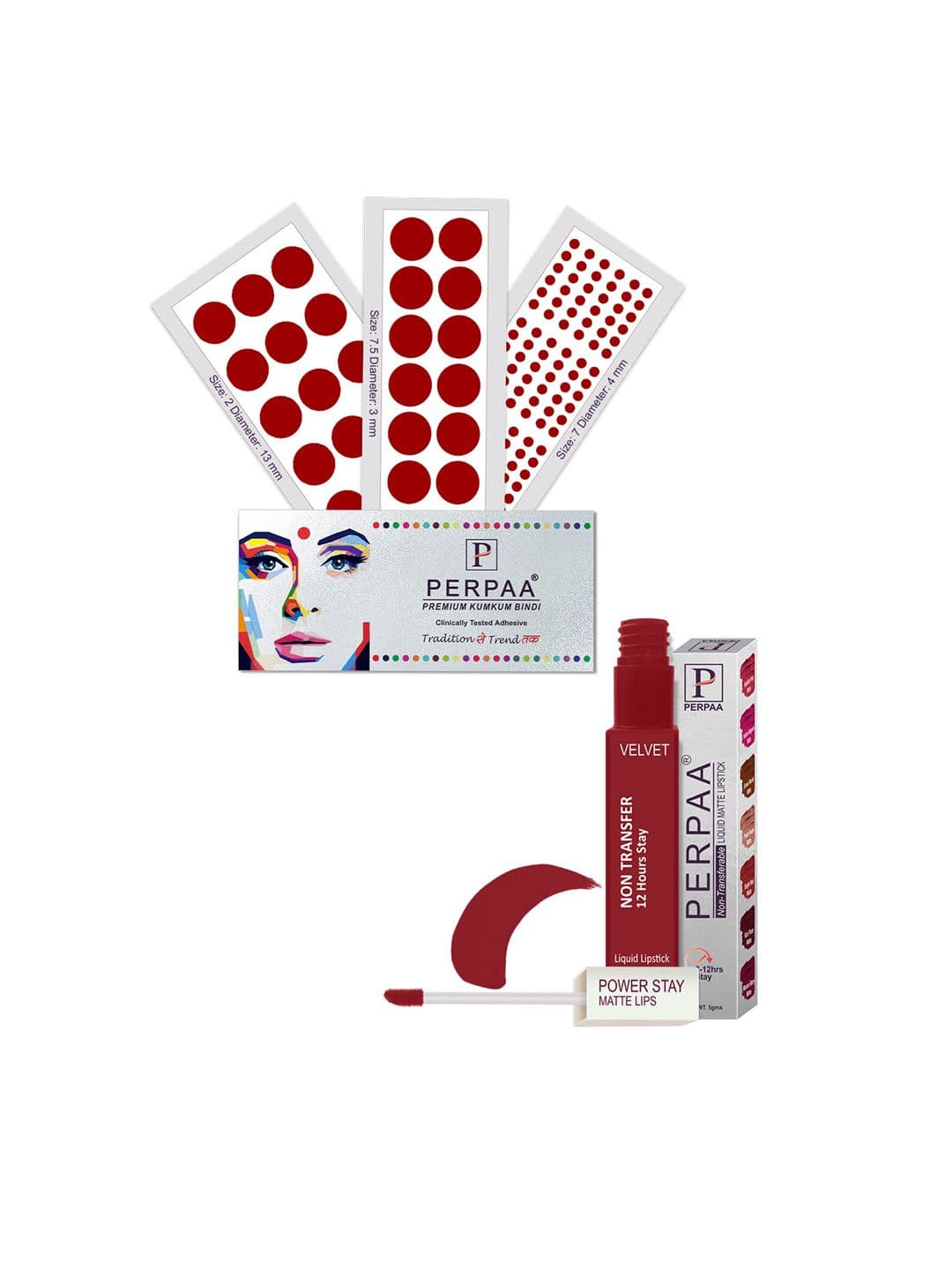 PERPAA Power Stay Non Transfer Lipstick-22 & Set of 3 Premium Red Bindis - Size 7.5,02,07 - view 1